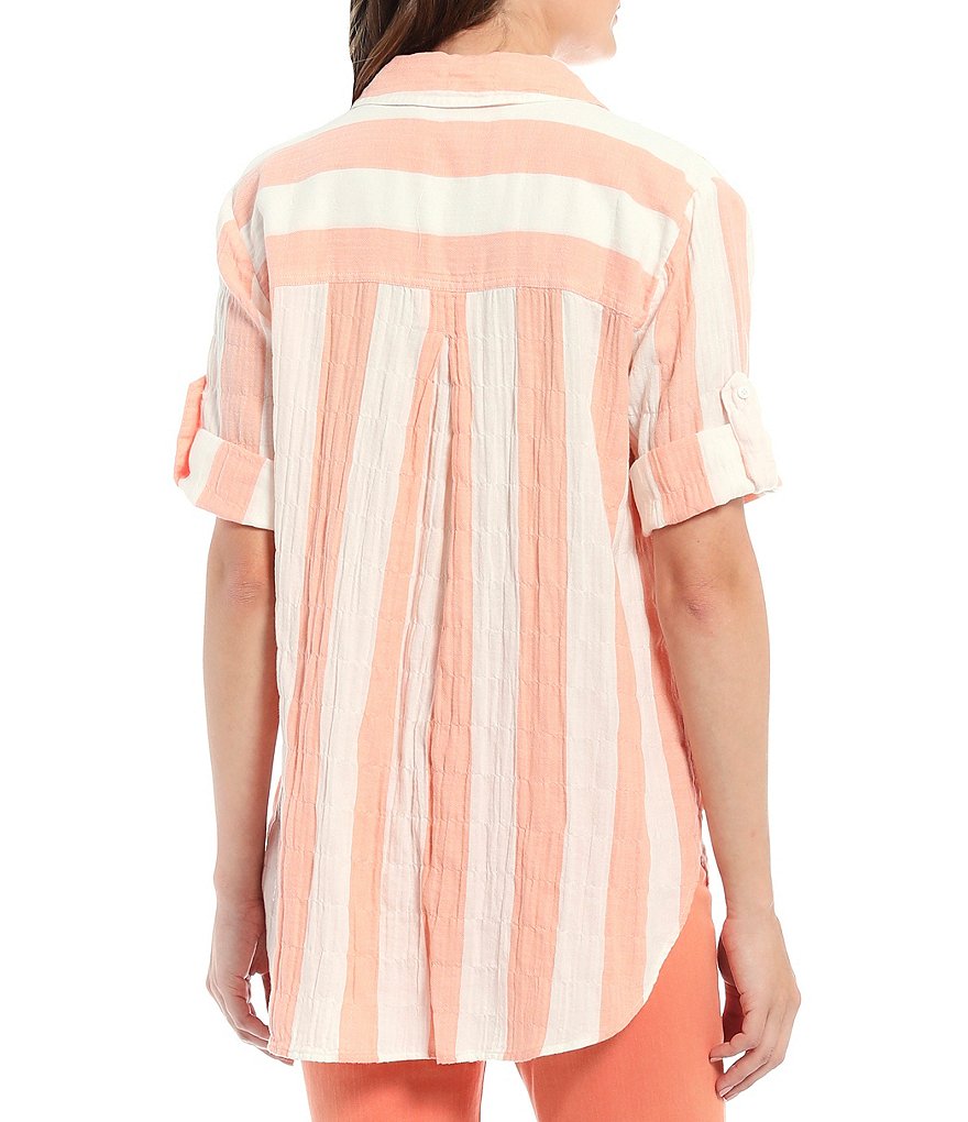 Westbound Striped Roll Sleeve Y-Neck Popover Top