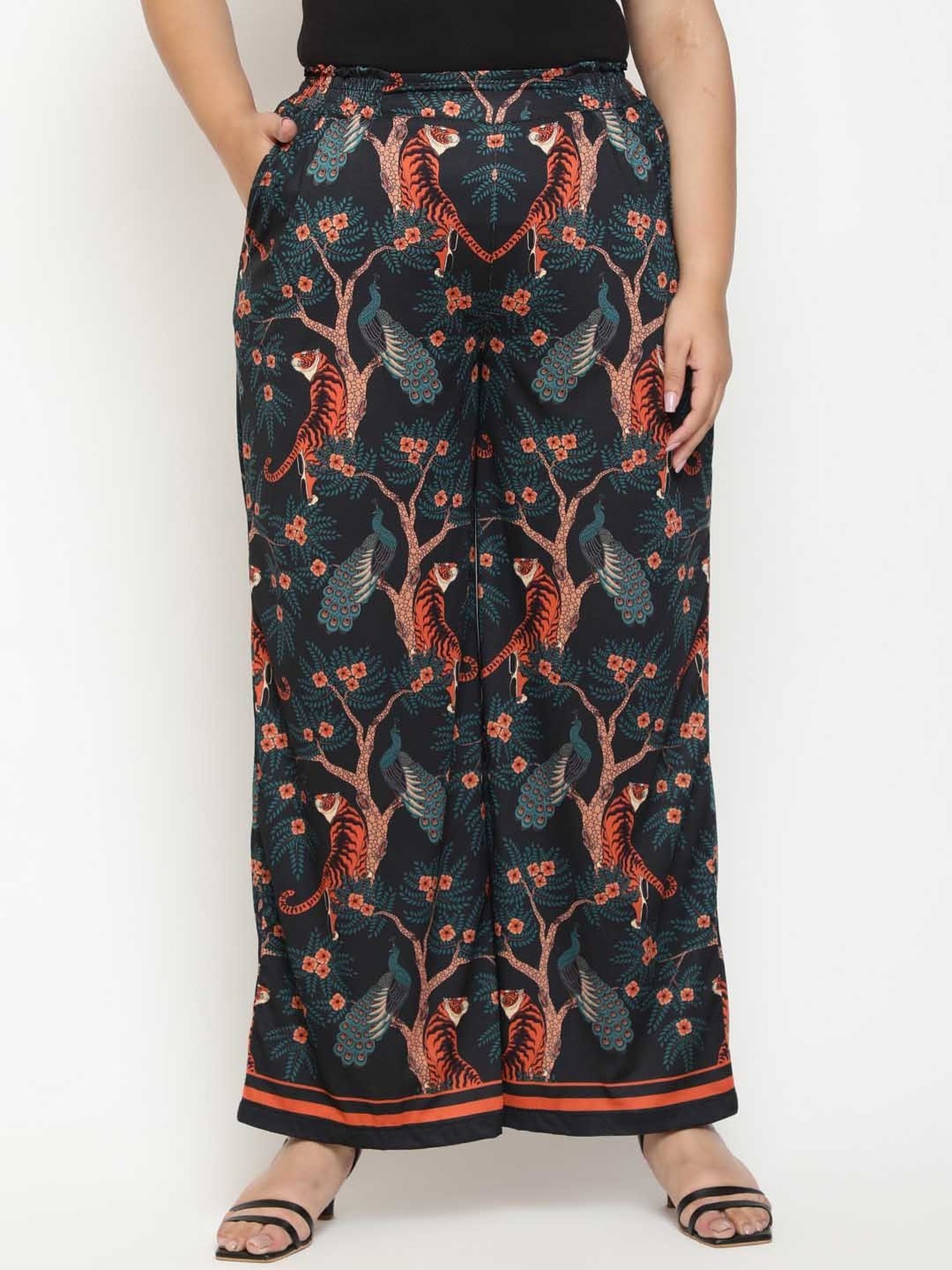 Amydus Jet Black Printed Flared Fit High Rise Pants