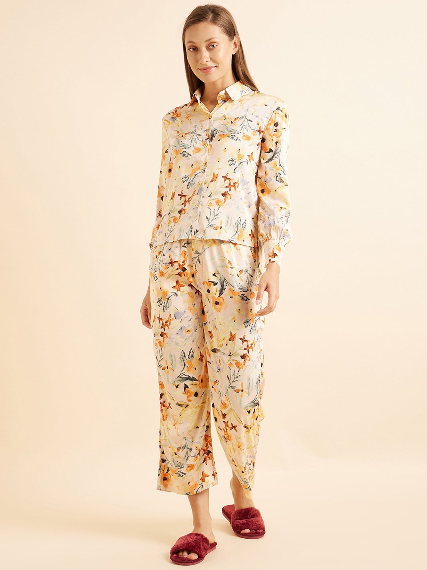 Sweet Dreams Light Pink Satin Printed Shirt With Pyjamas