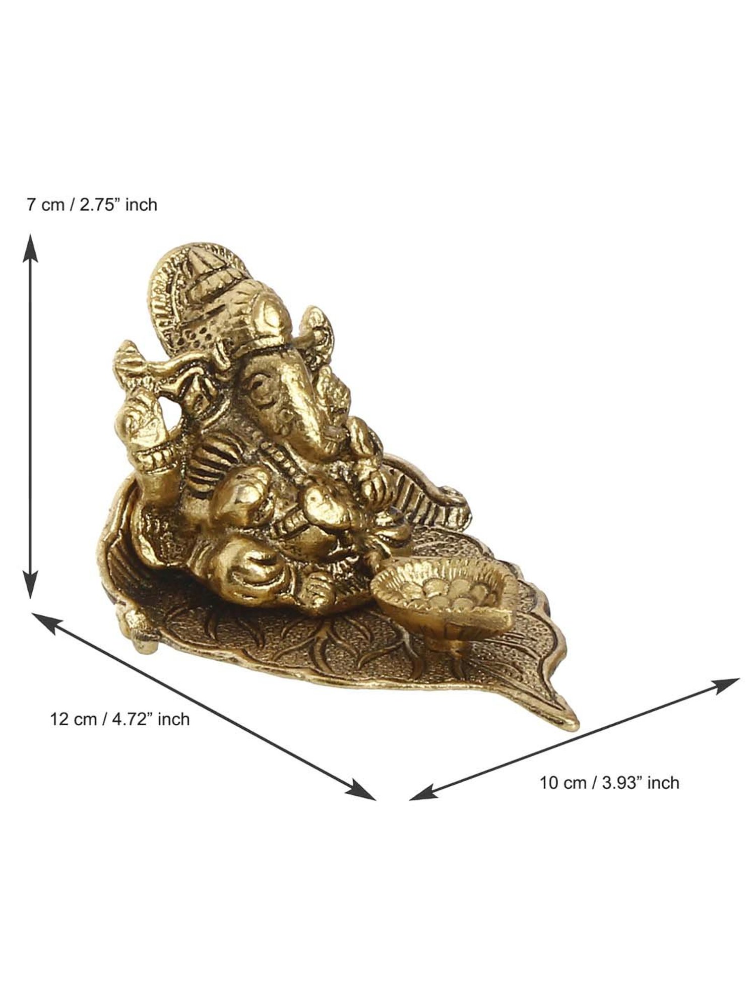 eCraftIndia Golden Lord Ganesha with Diya on Leaf Handcrafted Metal Showpiece