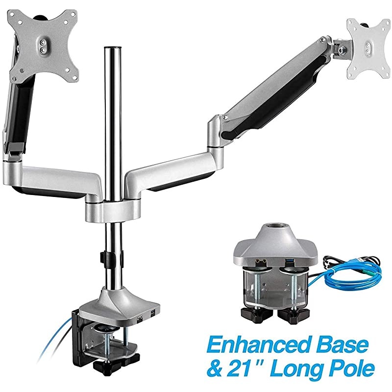Dual 13"-32" Monitor Arm Desk Mount fits Two Flat/Curved Monitor Full Motion Height Swivel Tilt Rotation Adjustable Monitor Arm - Extra Tall Pole/VESA/C-Clamp/Grommet/Cable Management