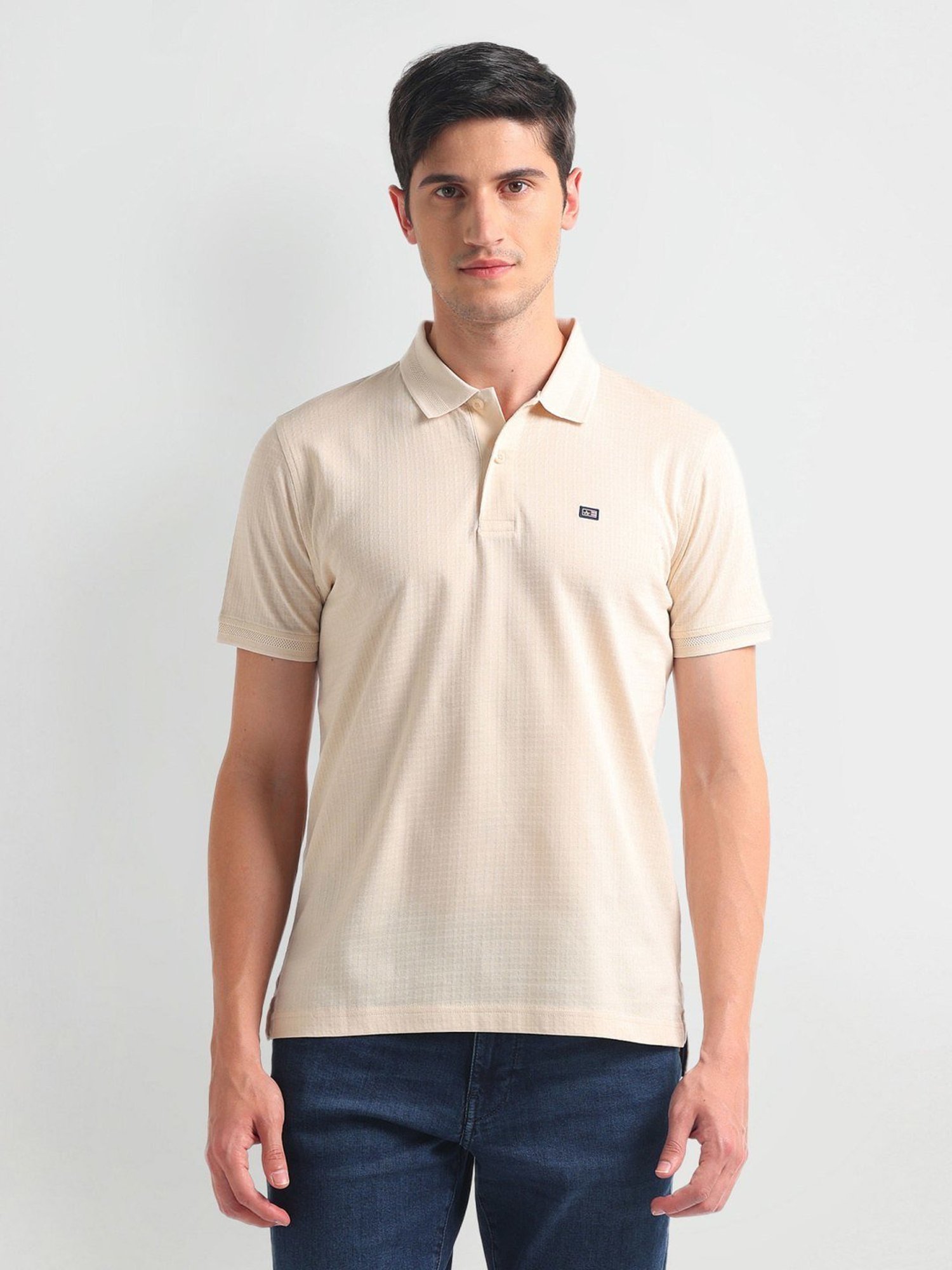 Arrow Sports Beige Cotton Regular Fit Self Pattern Polo T-Shirt