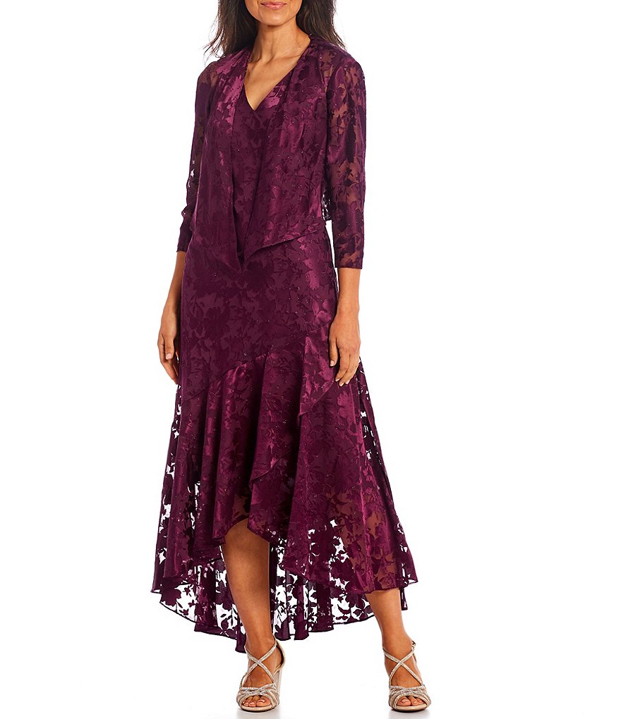 Alex Evenings Burnout Chiffon V-Neck 3/4 Sleeve 2-Piece Jacket Dress