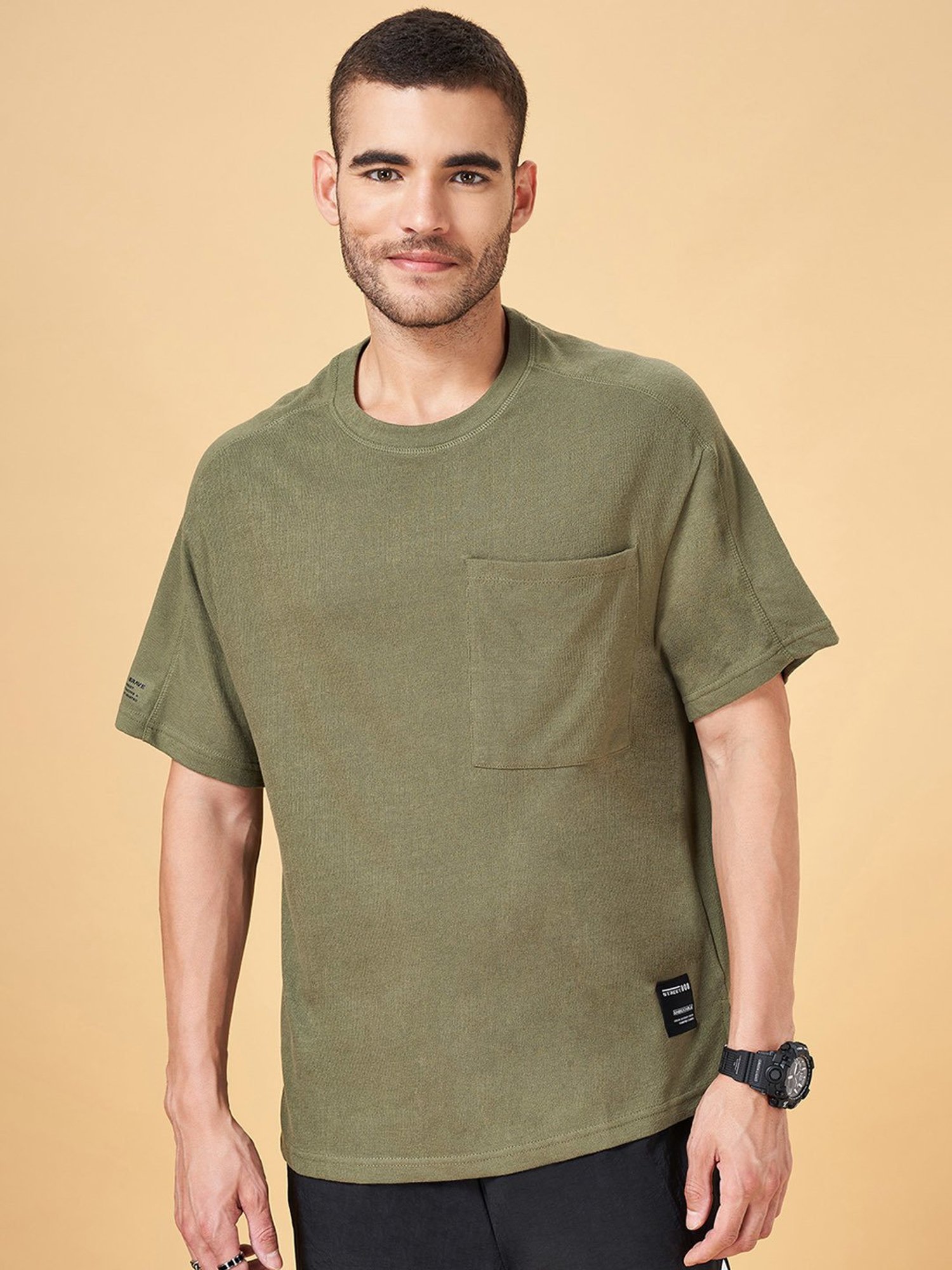 Street 808 by Pantaloons Green Cotton Boxy Fit T-Shirt