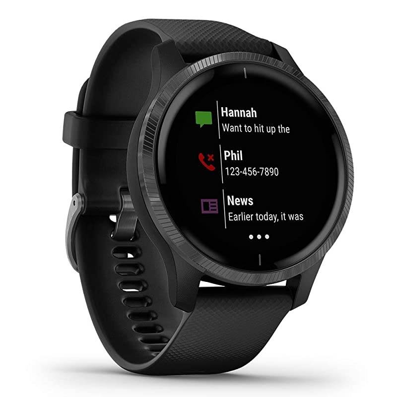 Garmin Venu (Black/Slate) Power Bundle | +HD Screen Protectors (x4) &  Portable Charger | AMOLED Display, Spotify | Fitness GPS Smartwatch