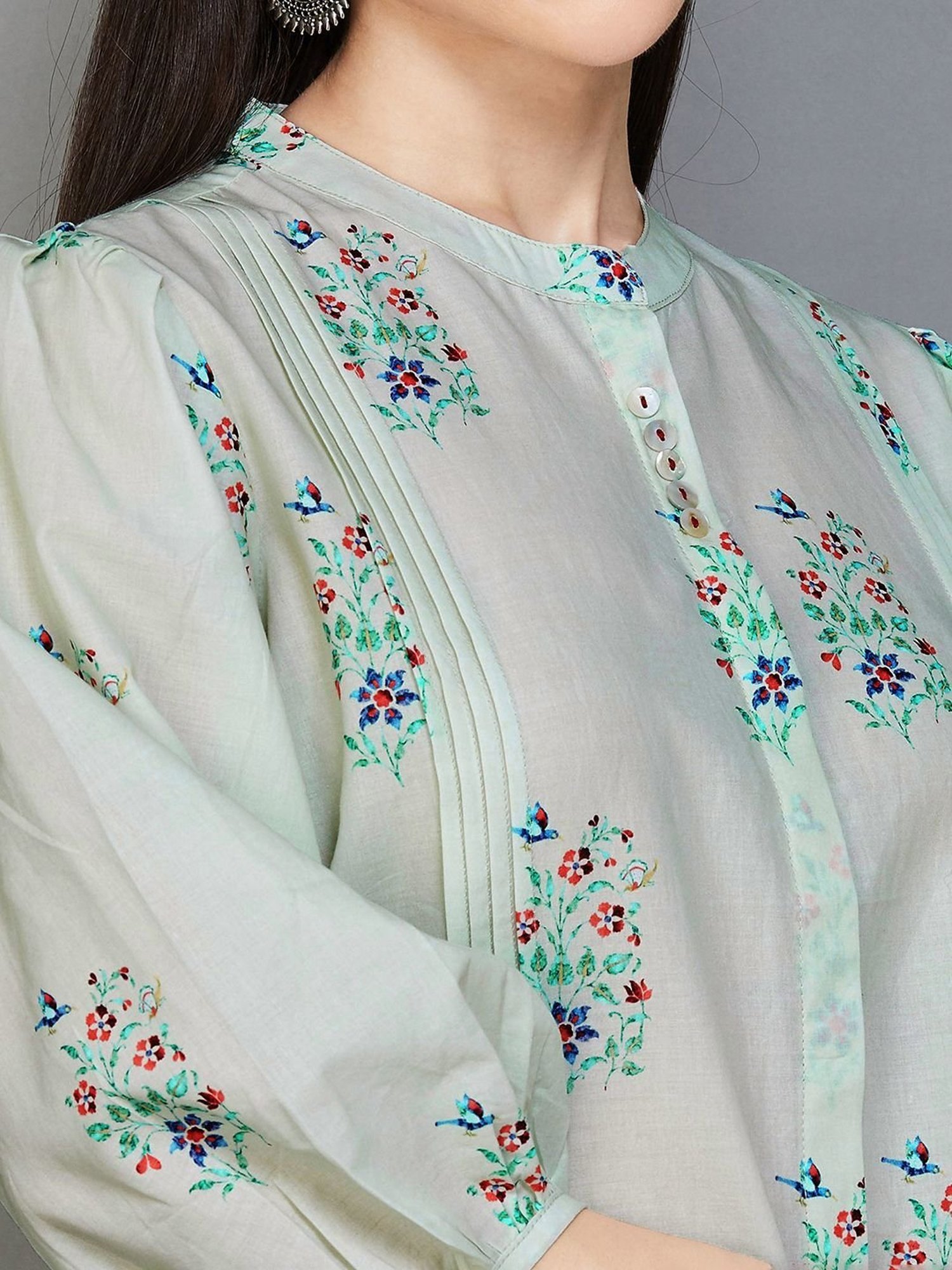 Melange by Lifestyle Sage Green Cotton Floral Print Tunic