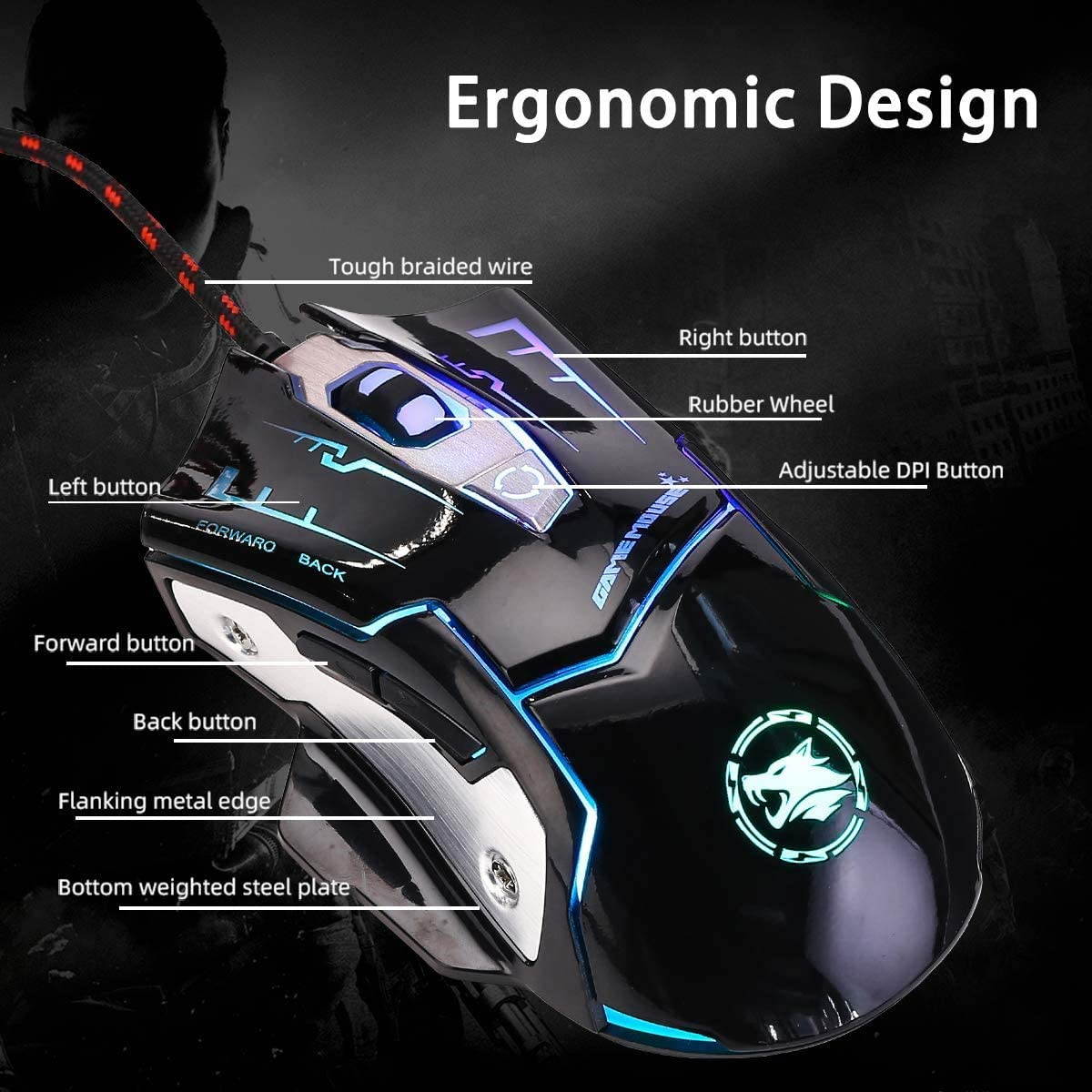 USB Computer Mouse Wired, Light Up Mouse for Laptop with RGB 7 Colors Breathing Light,4 DPI Adjustable up to 3200, 6 Buttons, Ergonomic Gamer PC Mouse for Windows/Mac/Sega Dreamcast