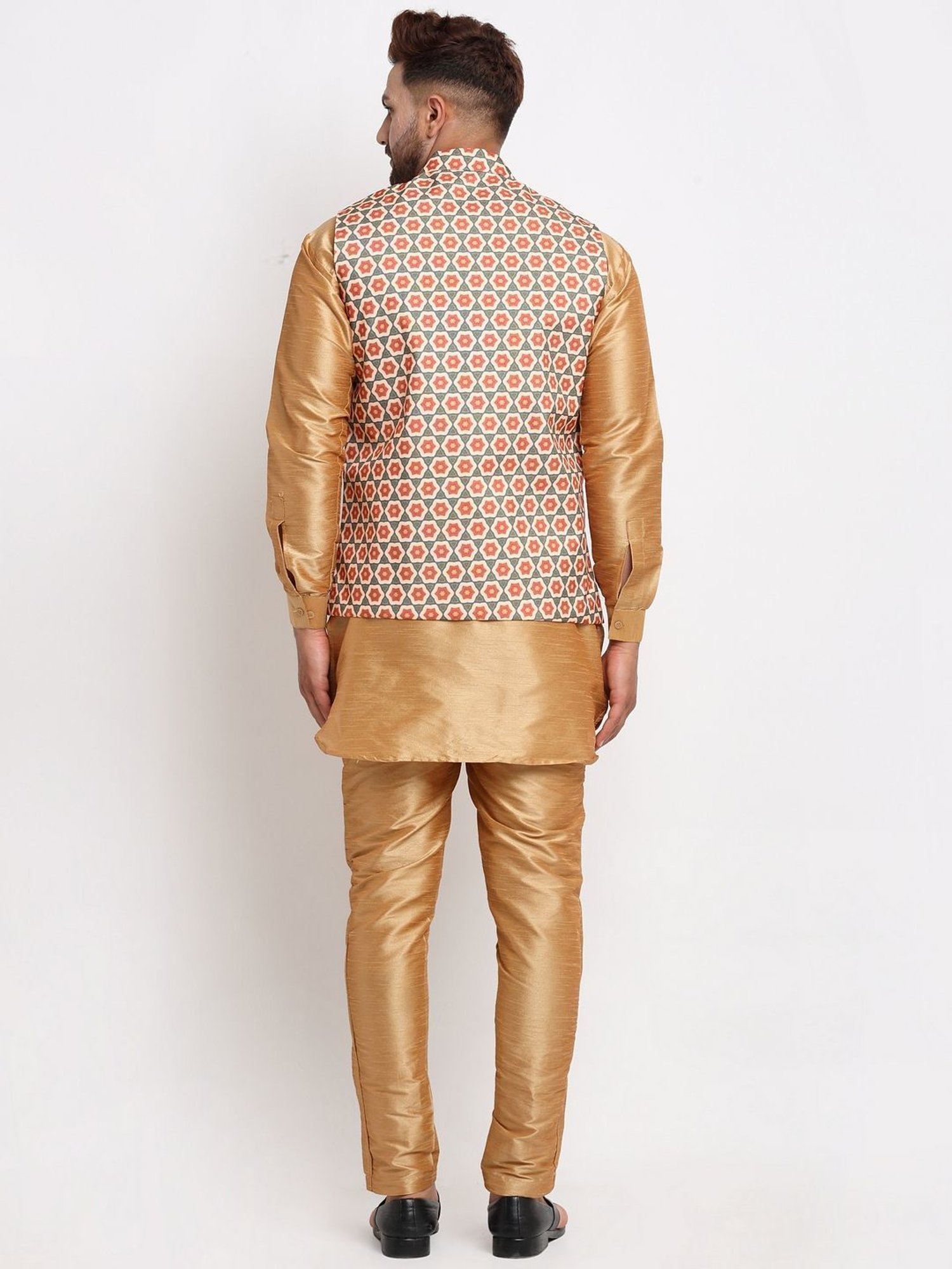 Benstoke Copper & Olive Green Regular Fit Geometric Kurta Set With Jacket