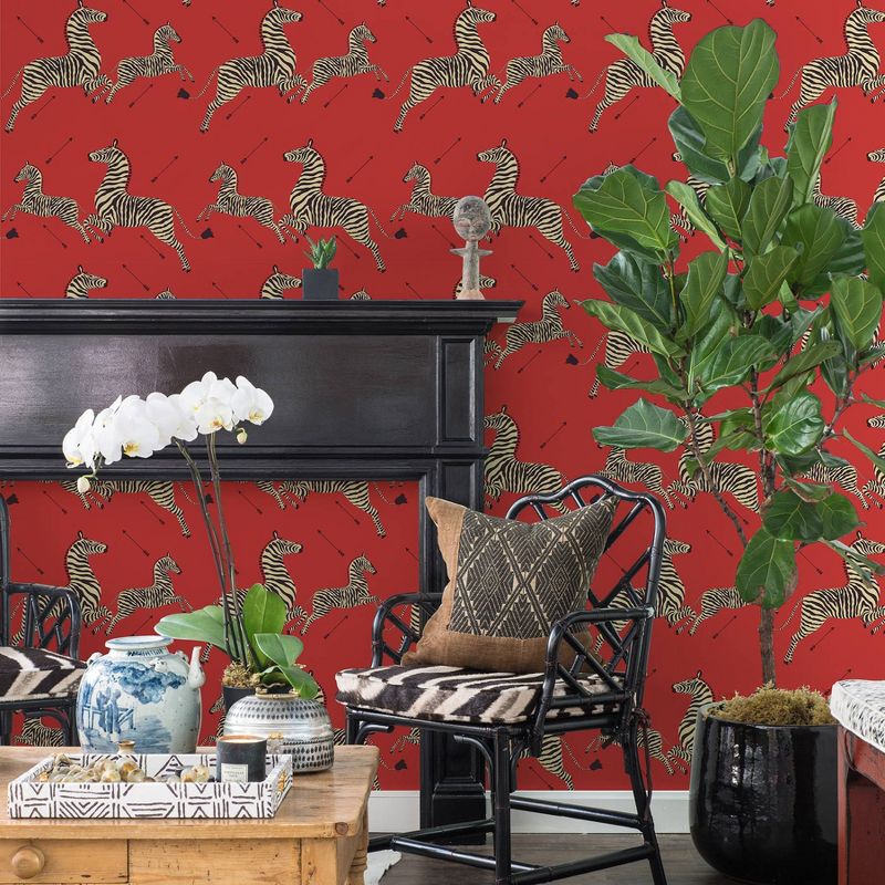 Brewster Zebra Safari Scalamandre Self Adhesive Wallpaper Masai Red