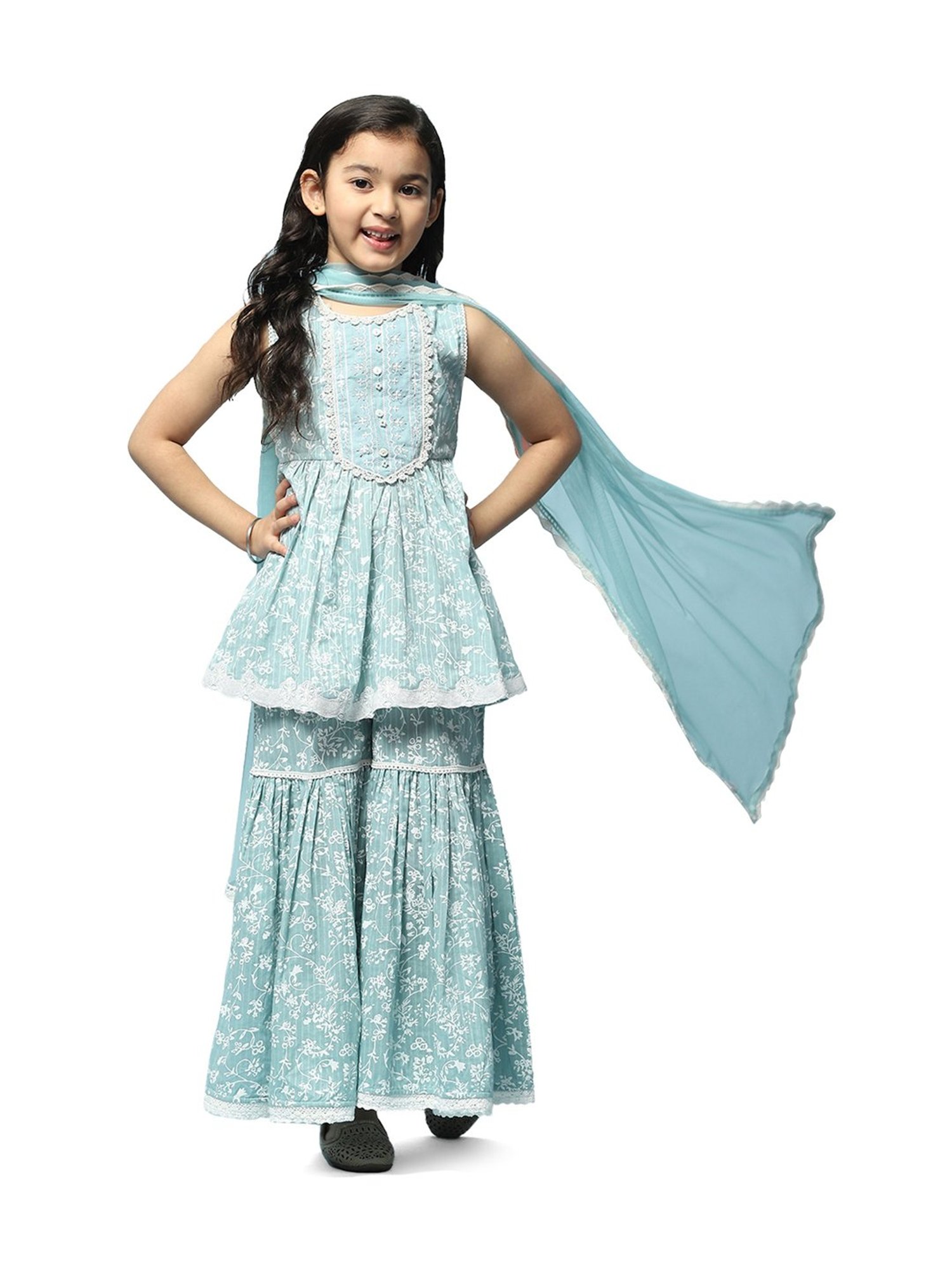 BIBA Girls Kids Powder Blue Cotton Embroidered Kurta Set