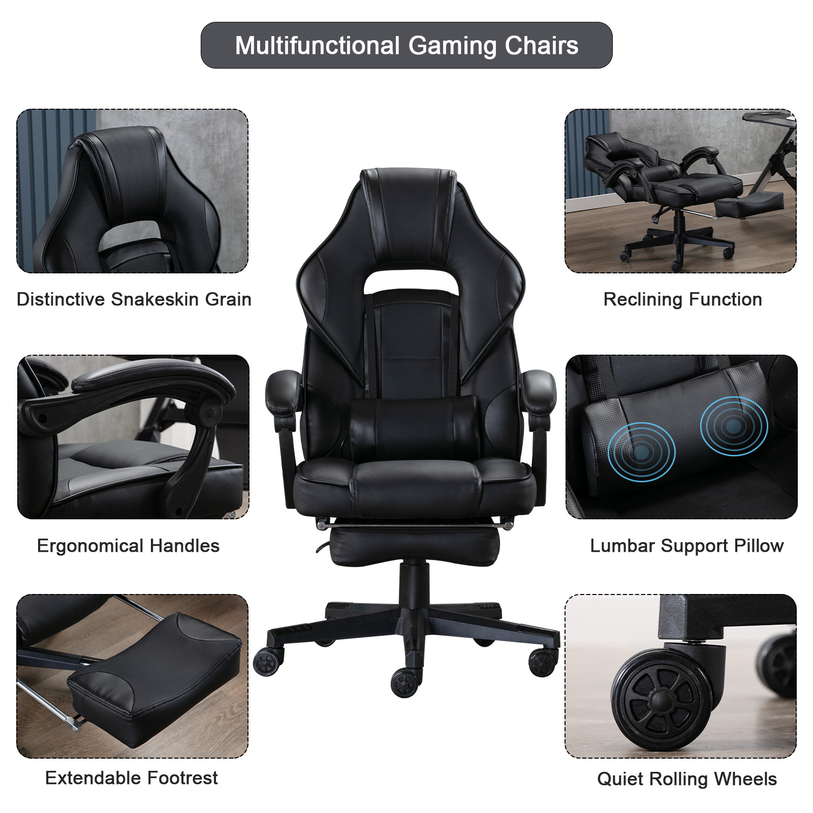 Massage Computer Gaming Chair, Adjustable Lumbar Support PU Leather Swivel Racing Style Video Game Chairs (Black)