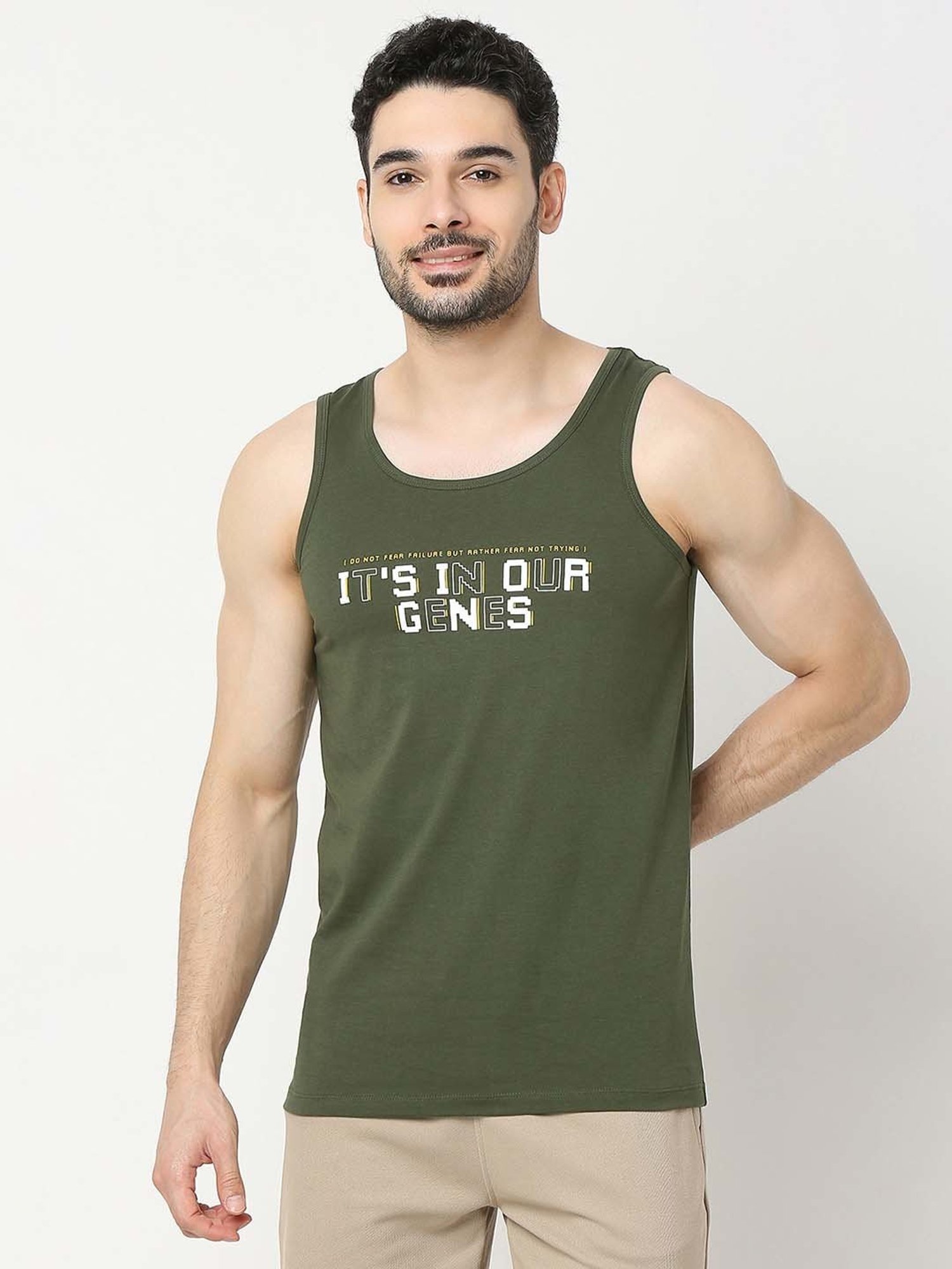 UnderJeans by Spykar Olive Regular Fit Printed Cotton Vest