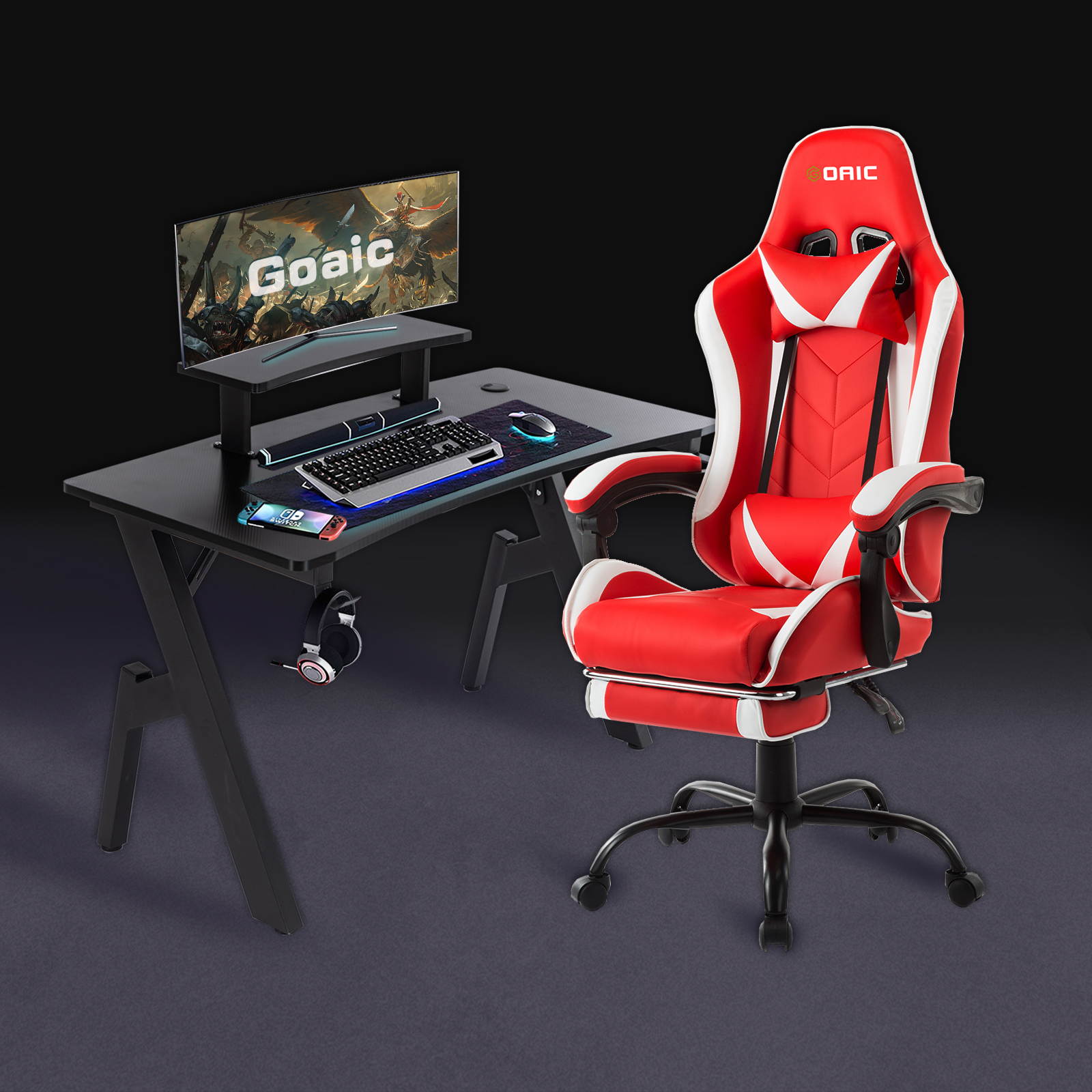 Goaic Gaming Chair PC Racing Game Chair Ergonomic 135&deg; Adjustable Reclining Office Chair with Footrest, High Back Office Desk Computer Chair with Headrest and Lumbar Pillow Support (White/Red)