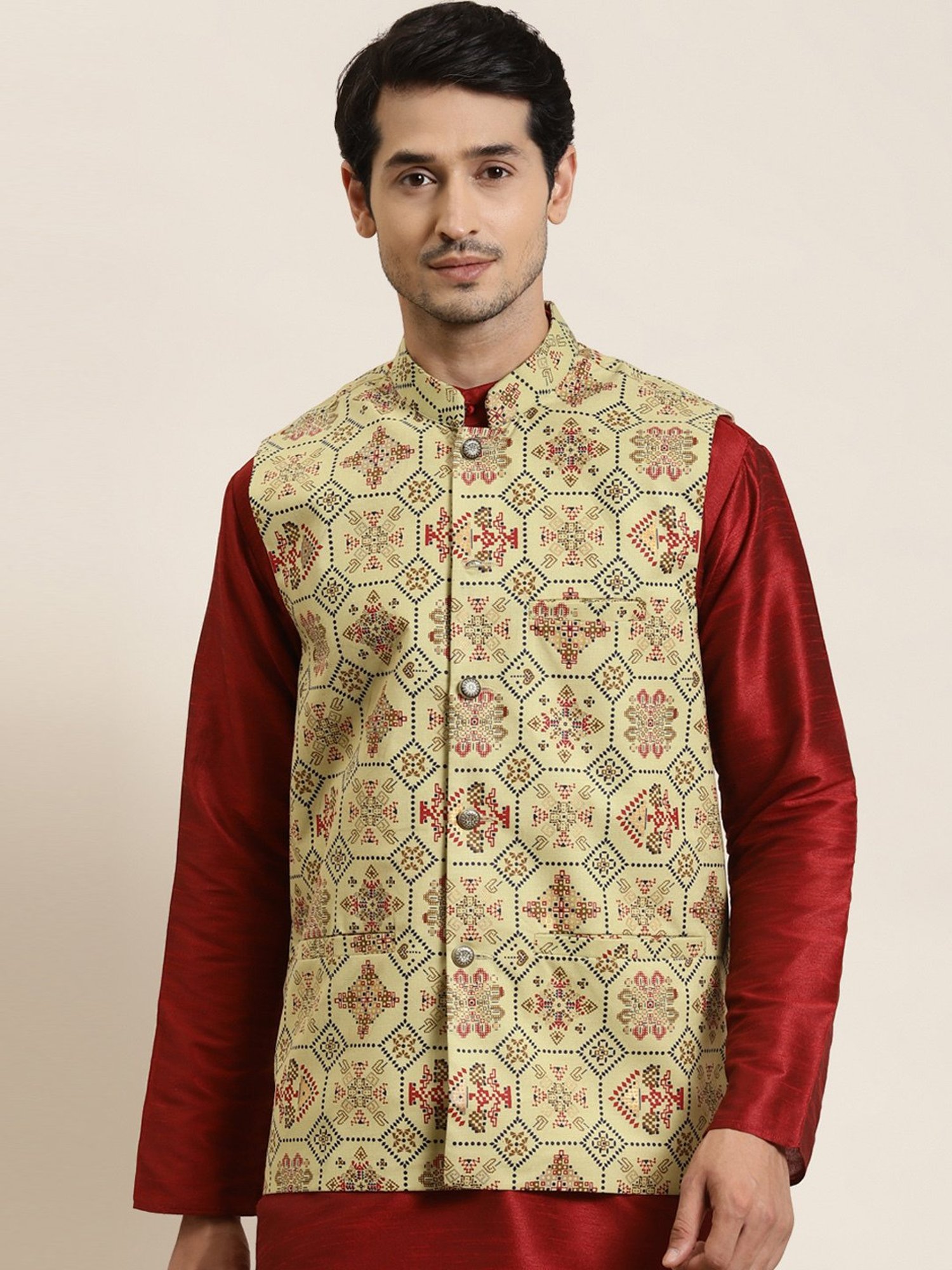 Sojanya Green Cotton Linen Regular Fit Self Pattern Nehru Jacket