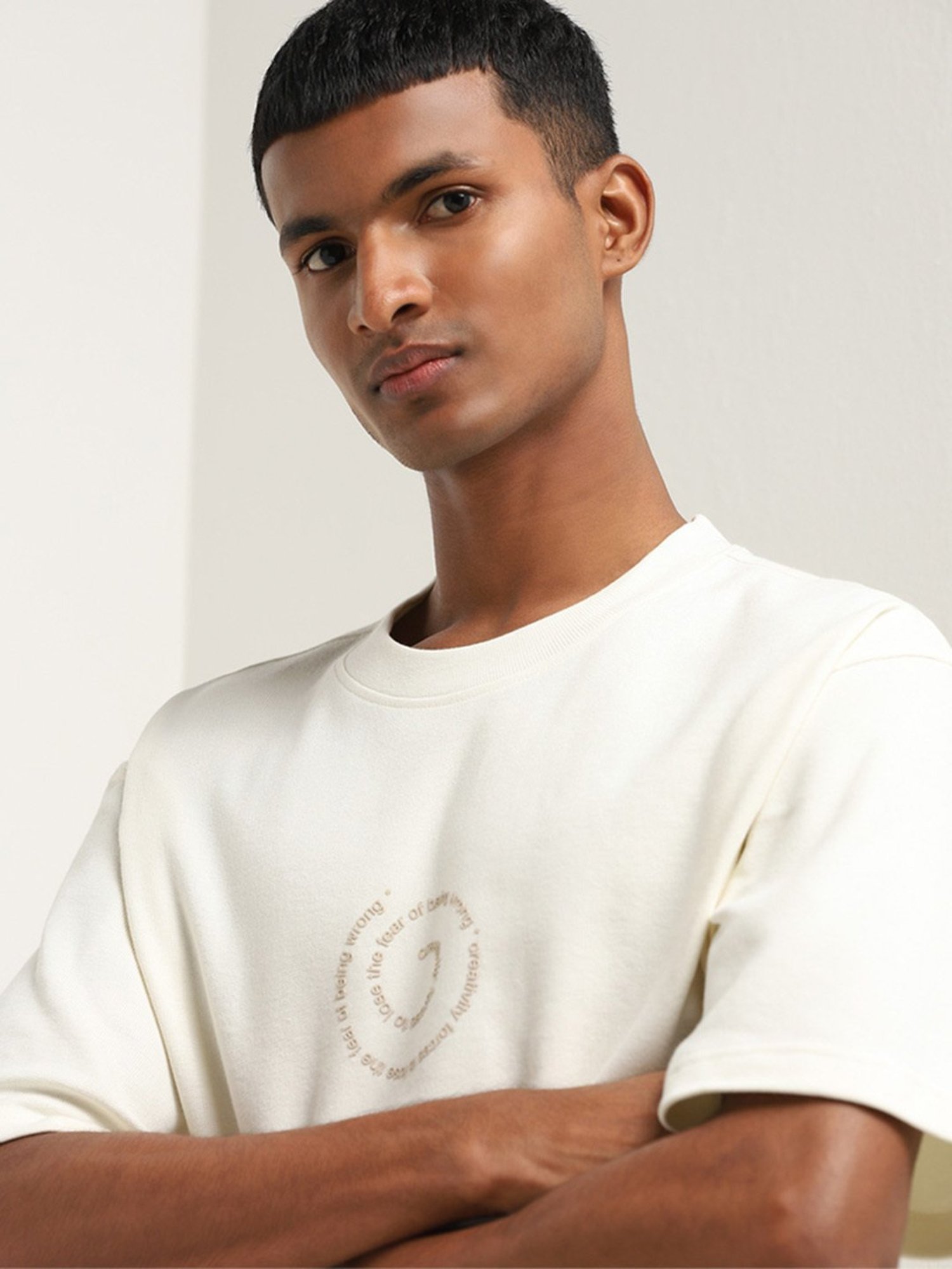 Nuon by Westside Off-White Spiral Text Relaxed-Fit Cotton T-Shirt