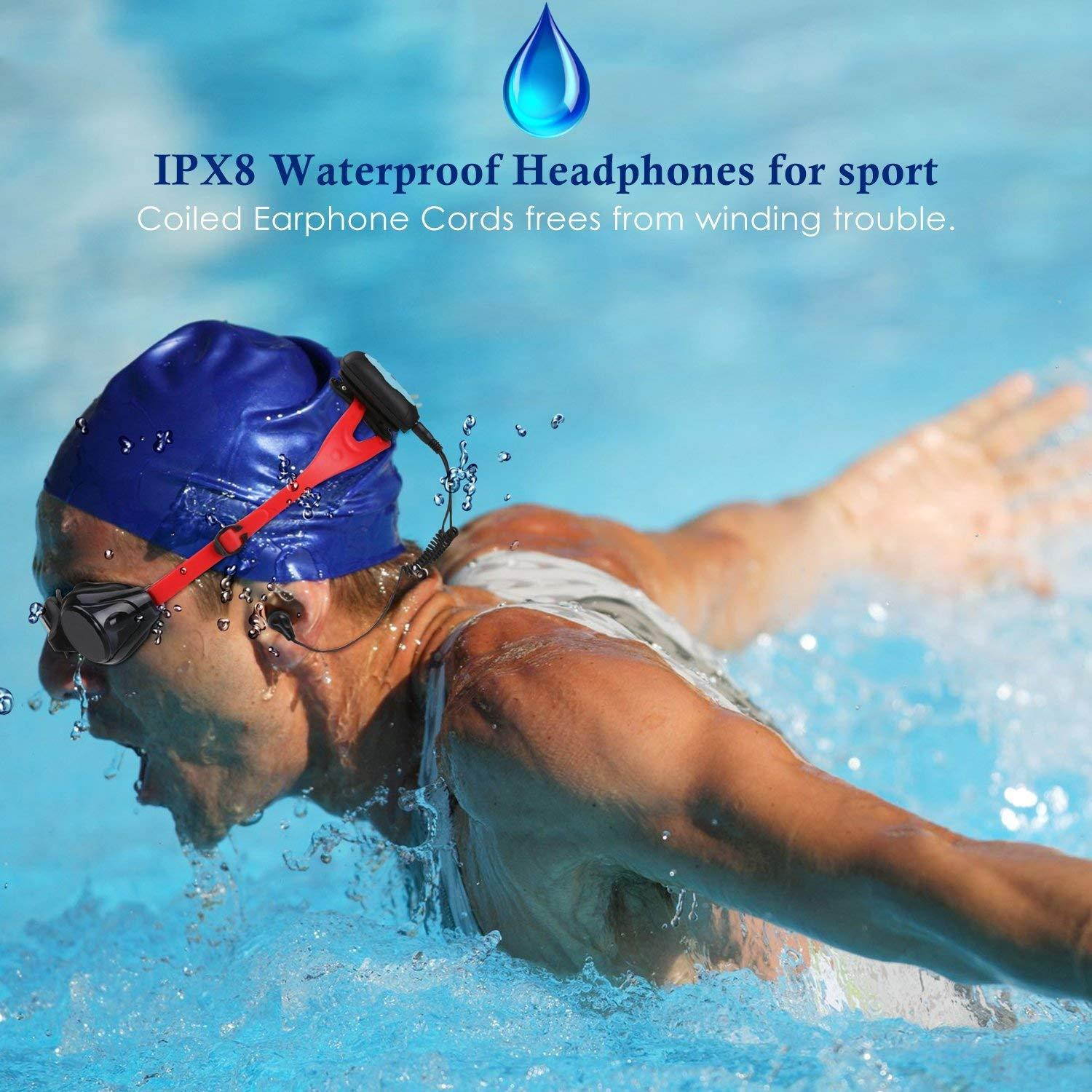 AGPTEK SE11 IPX8 Waterproof in-Ear Earphones, Coiled Swimming Earbuds with Stereo Audio Extension Cable, Black