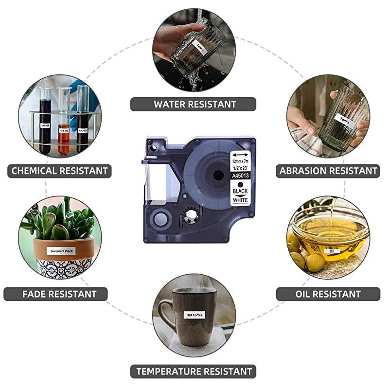 Compatible Label Tape Replacement for Dymo D1 45013 S0720530 Label Tape for Dymo LabelManager 160 Label Maker 12 inch x 23 ft Black on White Labeling Tape 6 Pack