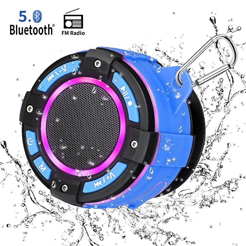Shower Speaker FM Radio  IPX7 Wireless Waterproof Bluetooth Speaker with Super Bass HD Sound 7 Colorful Light Show Suction Cup for Bathroom Beach Pool Bike Outdoor Home 2020 Upgrade