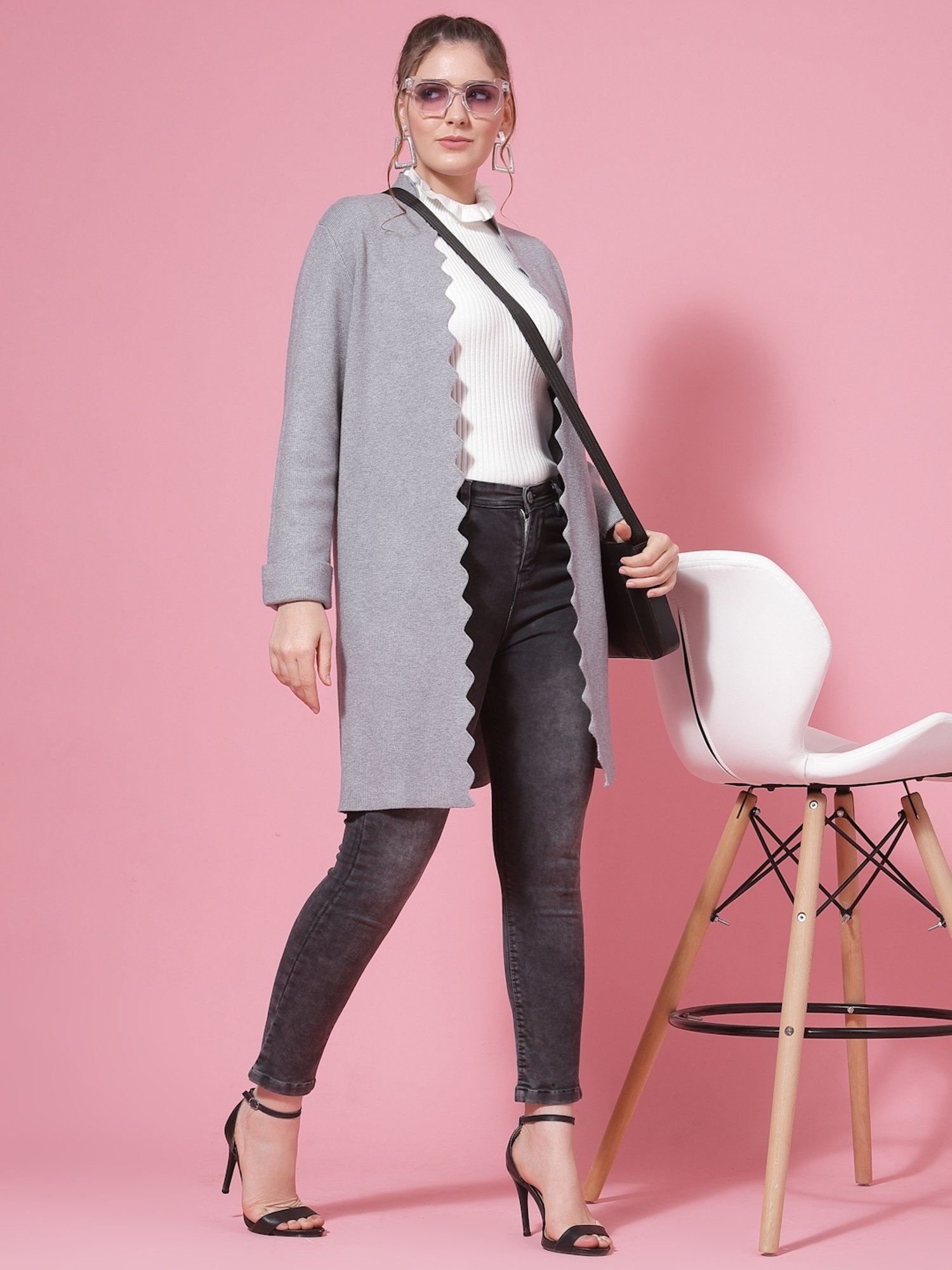 Mafadeny Grey Shawl Neck Shrug