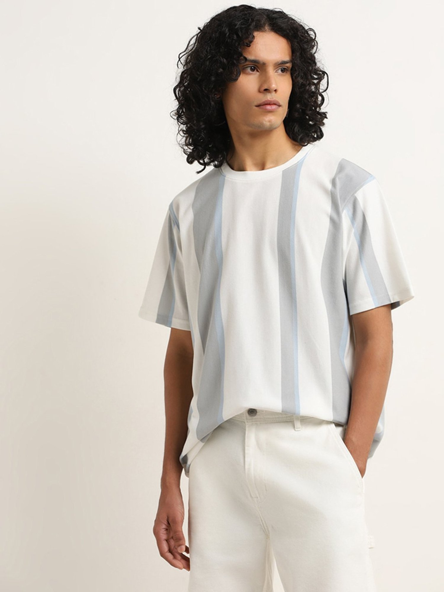 Nuon by Westside Grey Stripe Printed Relaxed-Fit T-Shirt