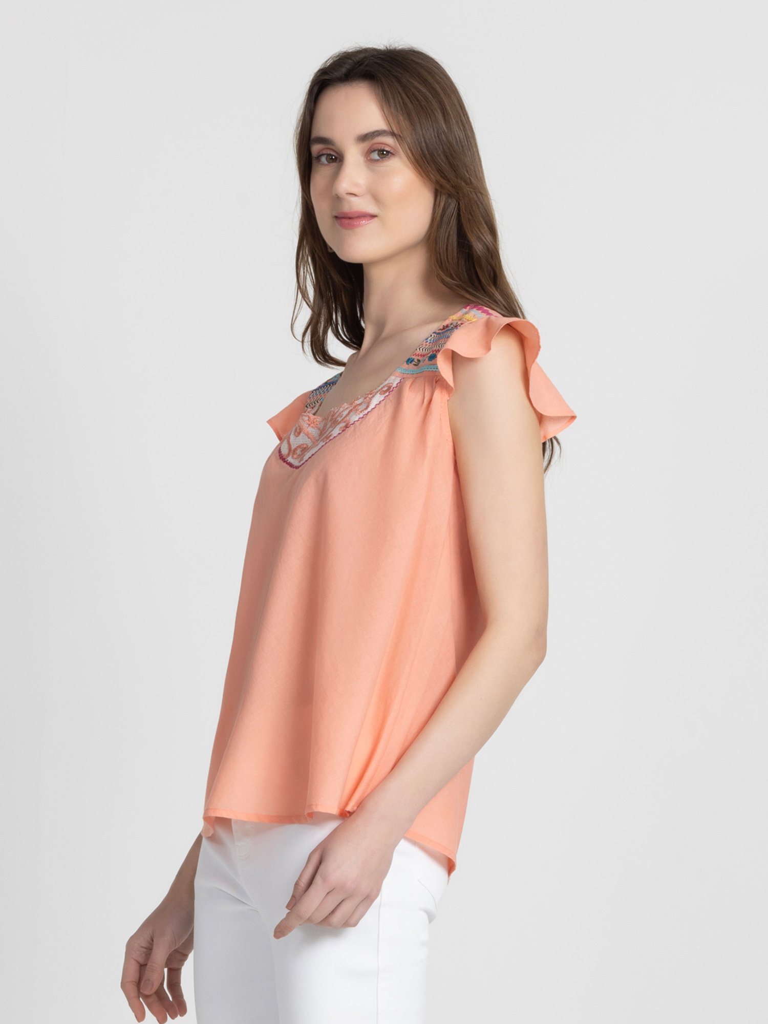 SHAYE Coral Cotton Embroidered Top