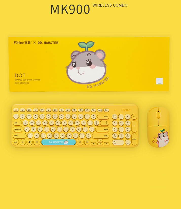 Fuhlen X DD. Hamster Limited Version MK900 2.4 GHZ  Wireless Connectivity,Round Keycaps Keyboard and 3 Files  DPI Adjustable Mouse Combo-Yellow