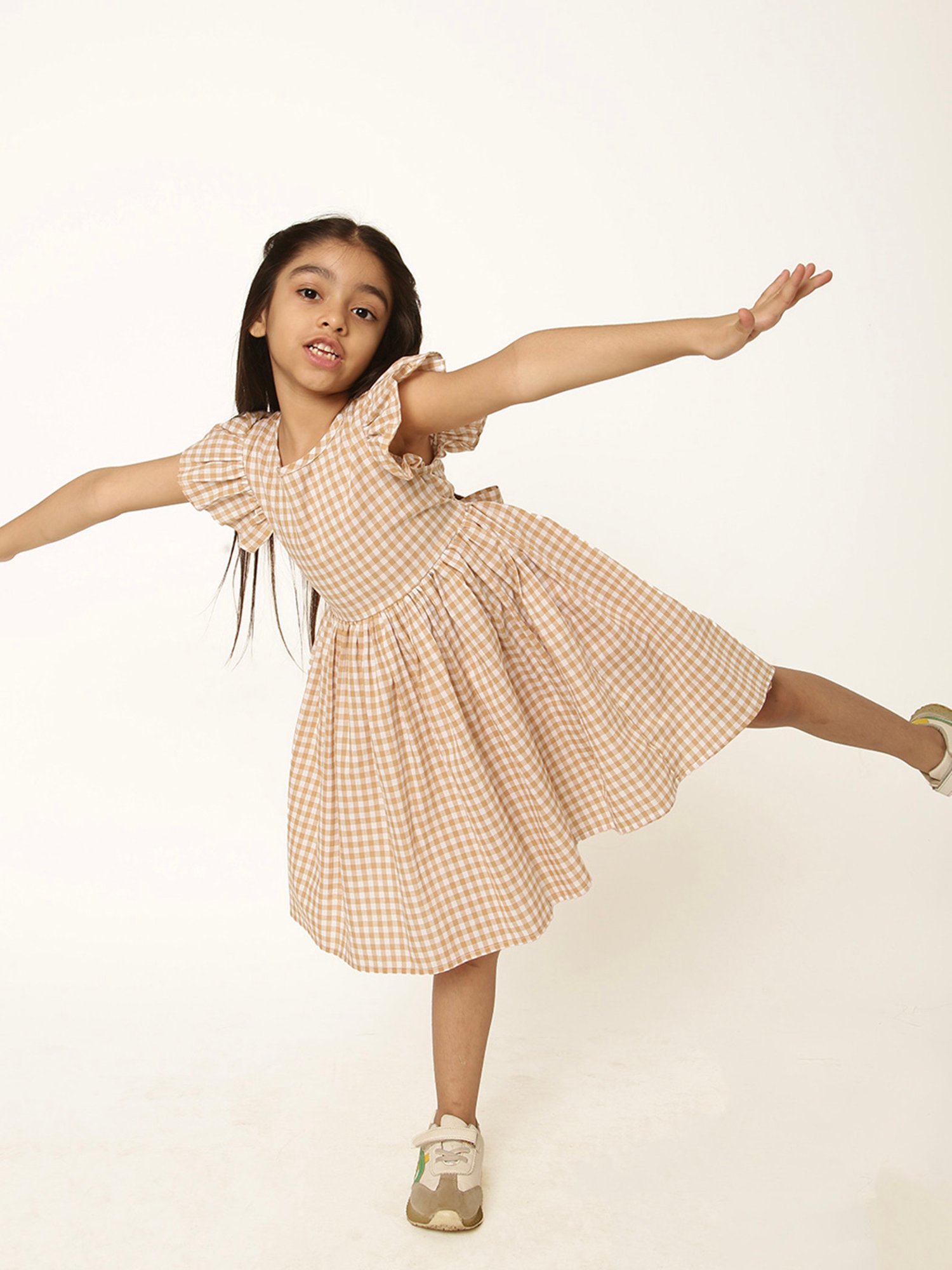 A Little Fable Girls Beige Checks Dress