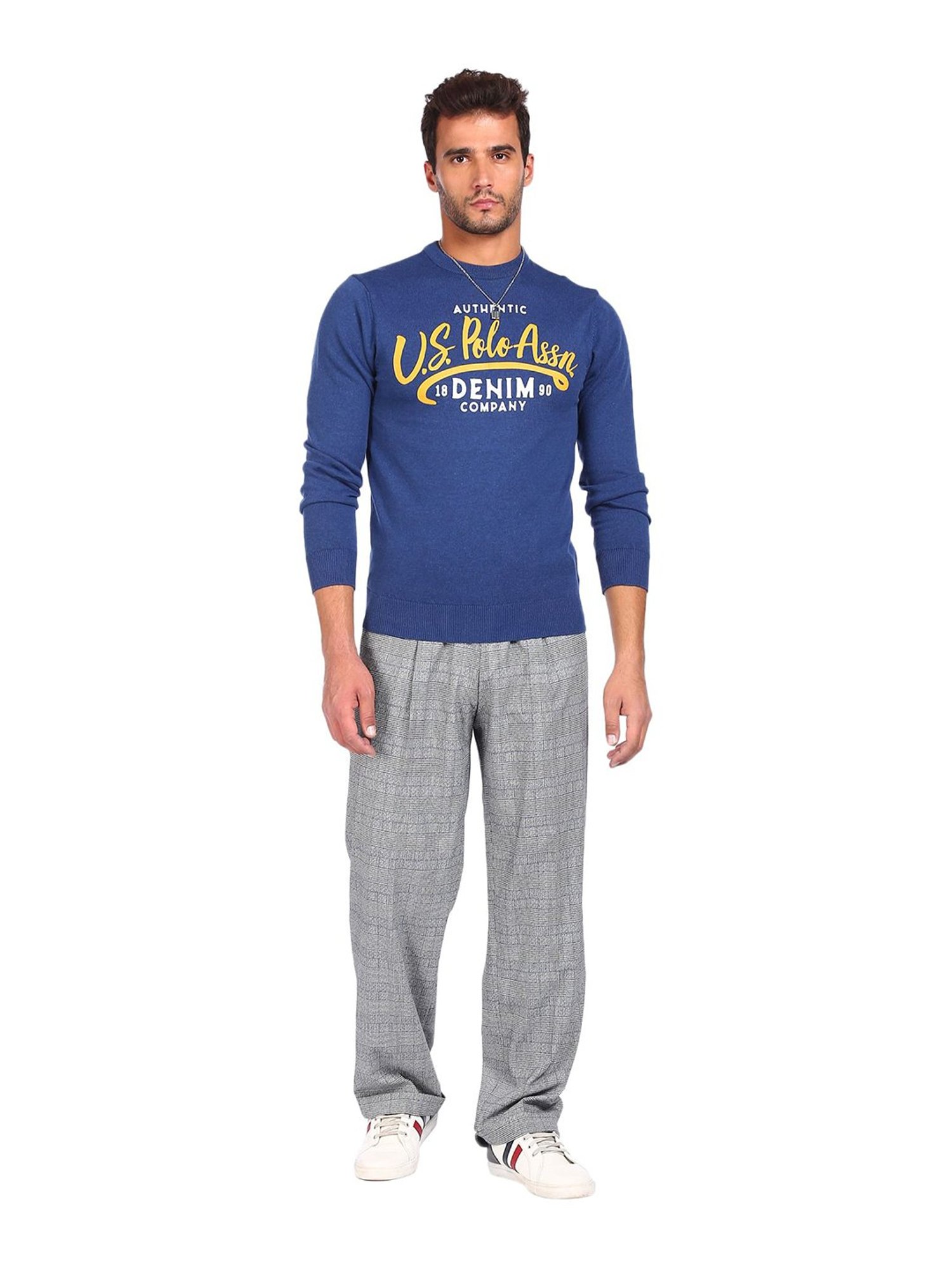 U.S. Polo Assn. Blue Printed Round Neck Sweater