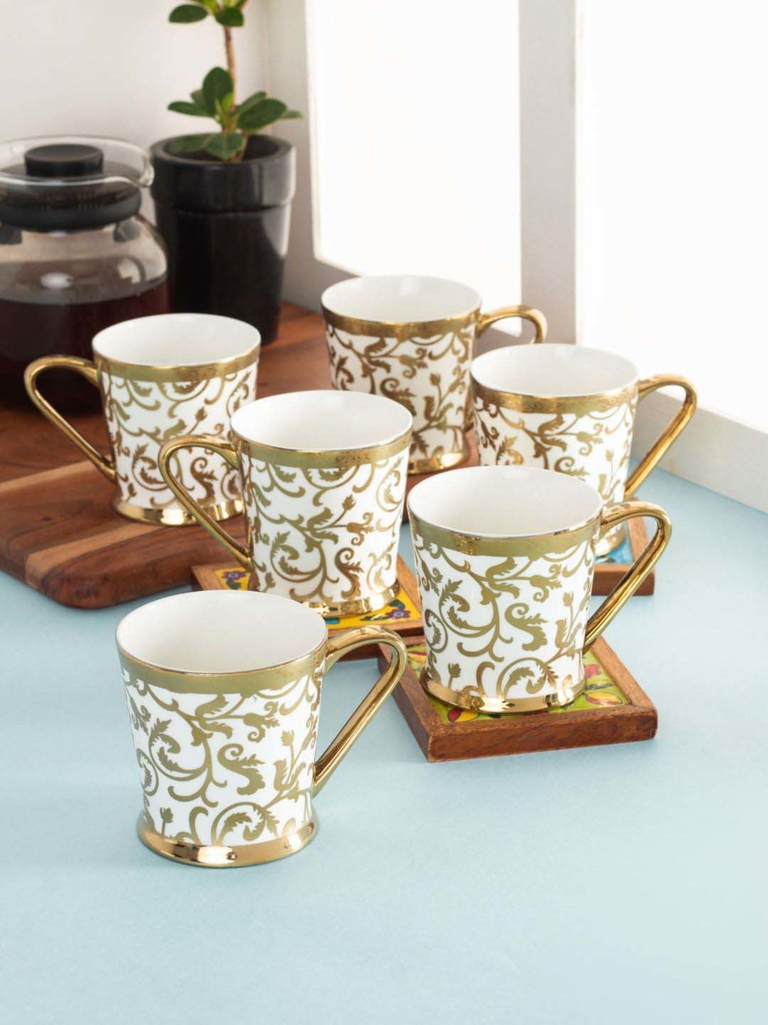 Clay Craft Peter Ebony Golden & White Ceramic Coffee Mugs (0.18 L) - Set of 6