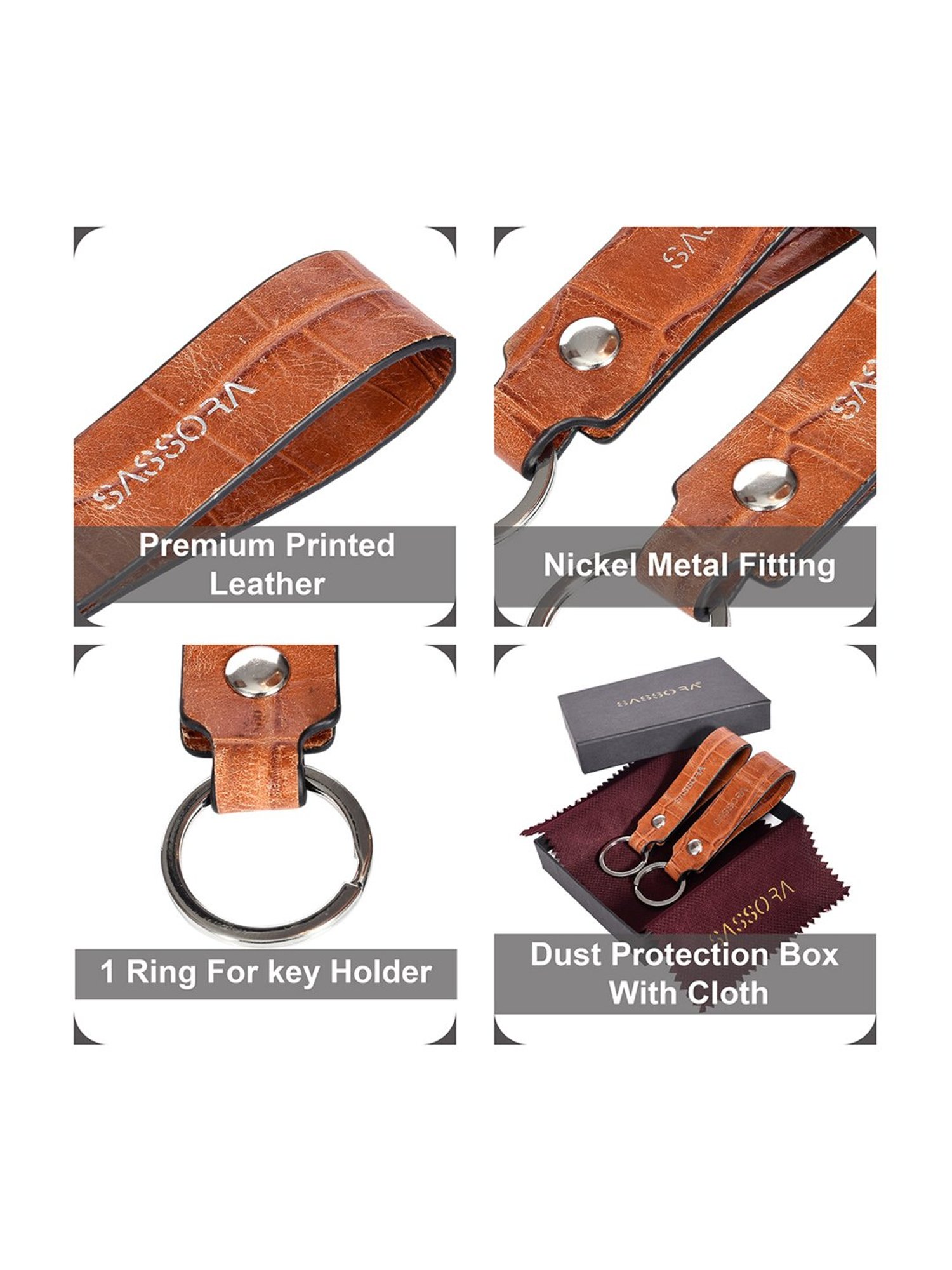 SASSORA Tan Leather Keychain Key Ring Holders Anniversary Gift, Birthday Gift - Pack of 2