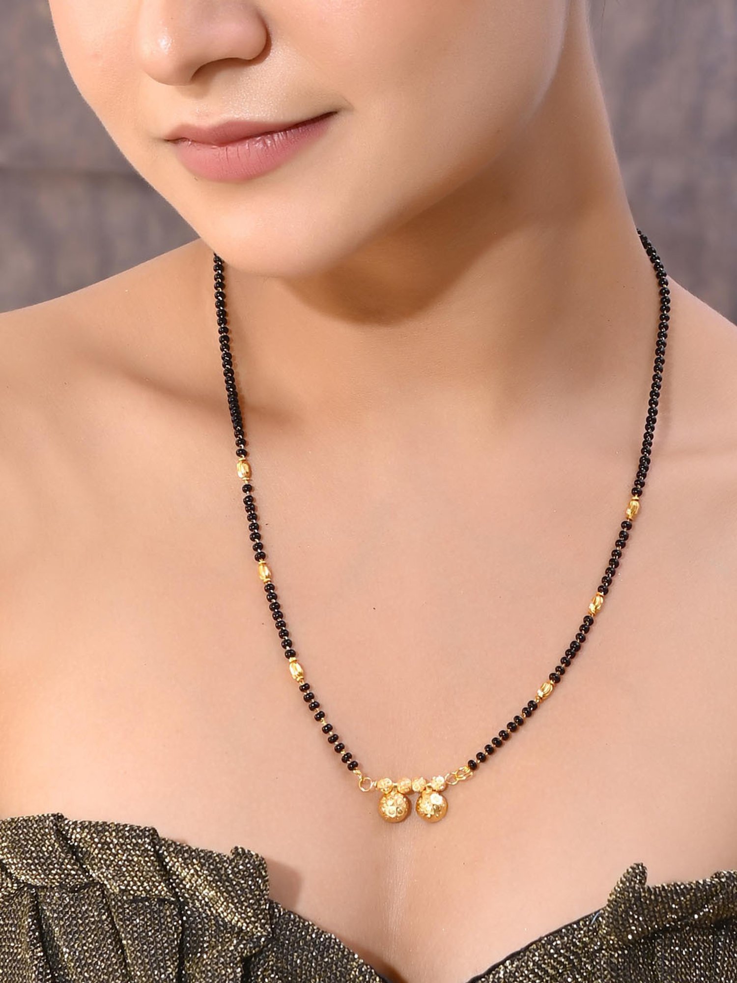 Abdesigns Gold-Plated American Diamond & Black Beaded Mangalsutra