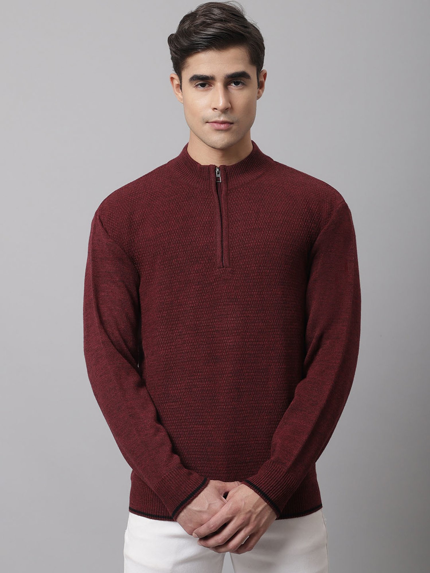 Cantabil Maroon Regular Fit Self Design Sweater