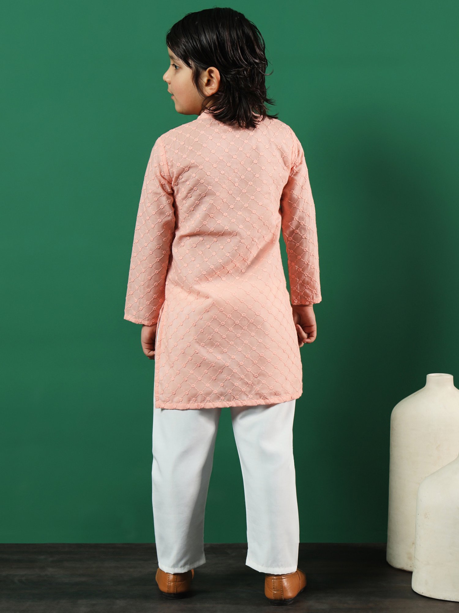READIPRINT FASHIONS Kids Peach & White Embroidered Full Sleeves Kurta with Pyjamas