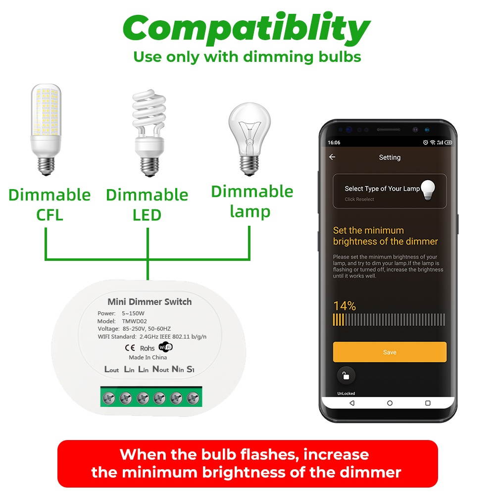 Mini WiFi Dimming On-Off Breaker Dimmer Controller Dimmable Switch Controller Smart Switch Module Remote Switch Controller Compatible with Voice Assistants
