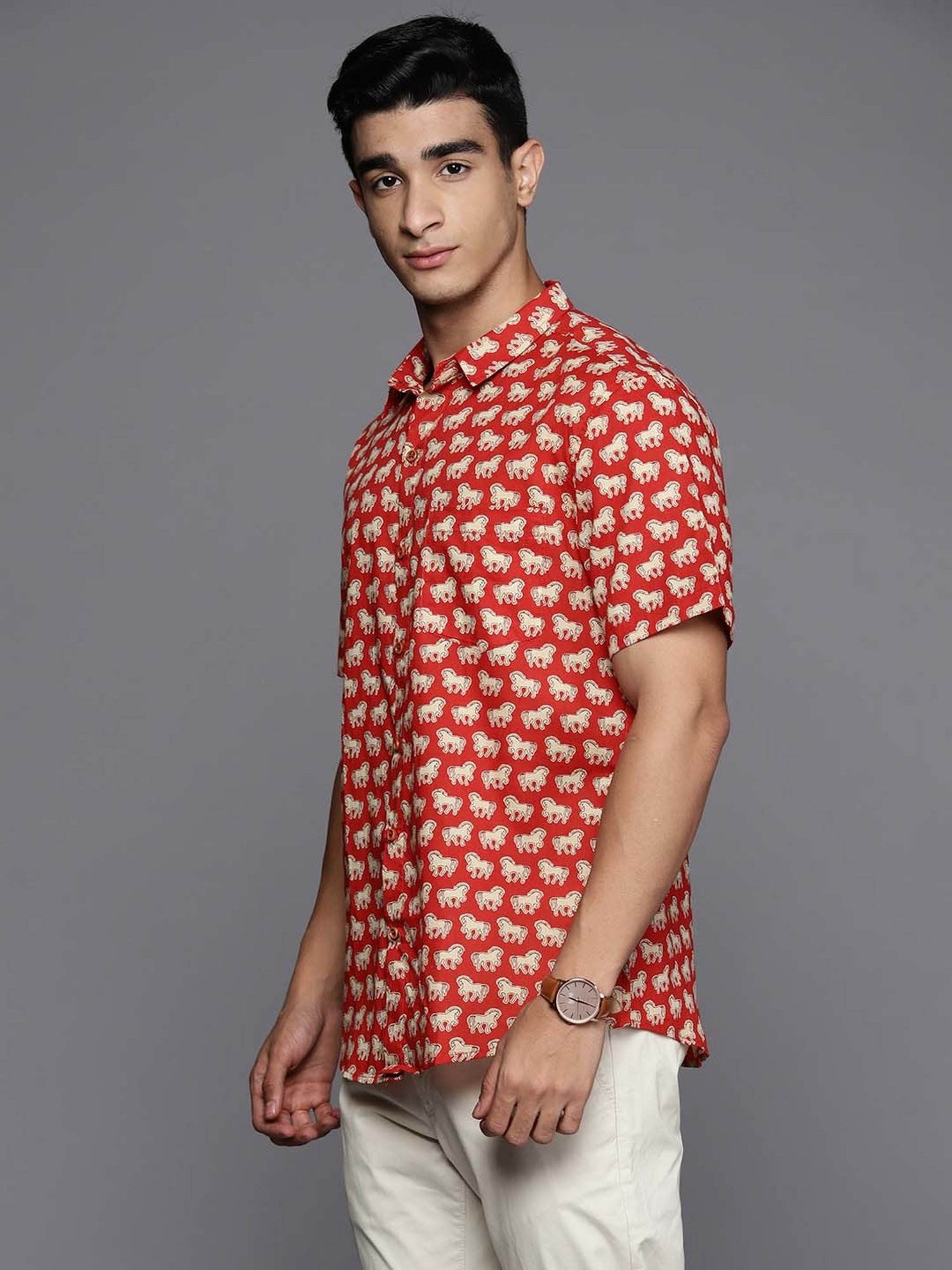 Indo Era Red Regular Fit Printed Ethnic Shirt