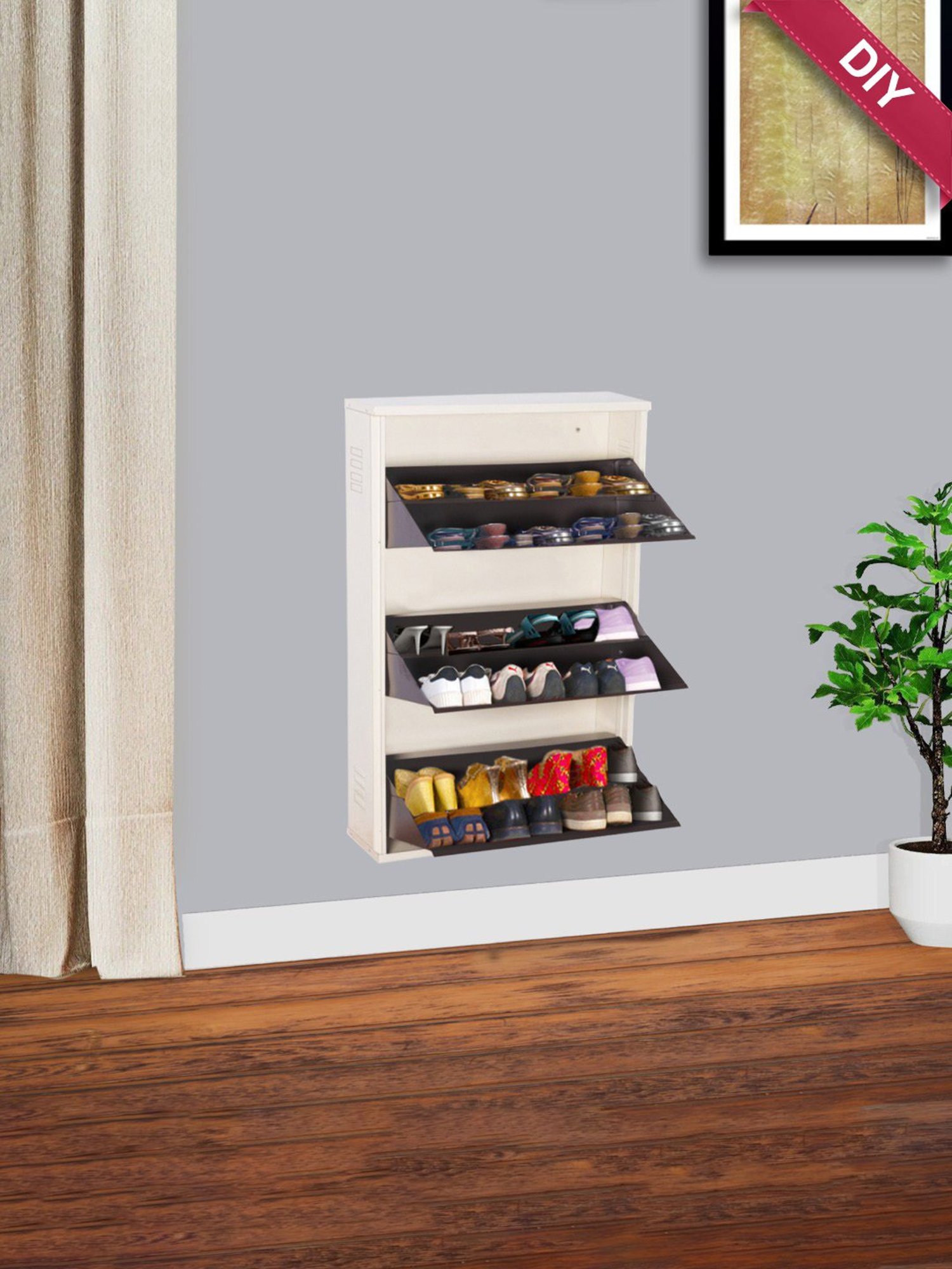 Delite Kom Metal Shoe Rack - 24" 3 Shelf, Ivory Green, PowderCoat, Wall Mount, DIY