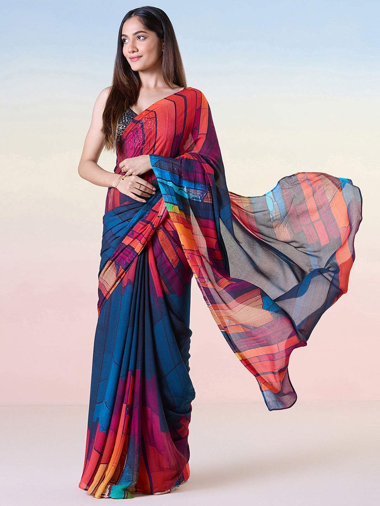 navyasa by liva Navy & Red Printed Saree With Unstitched Blouse