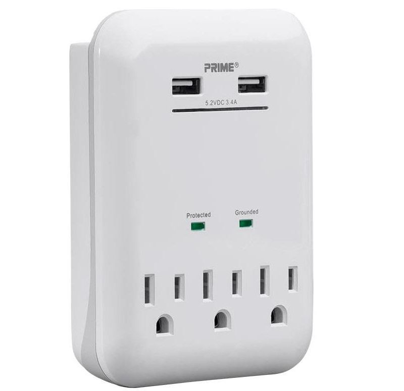 Monoprice 3 Outlet Surge Protector Wall Tap with 2 USB Charging Ports 3.4A, White