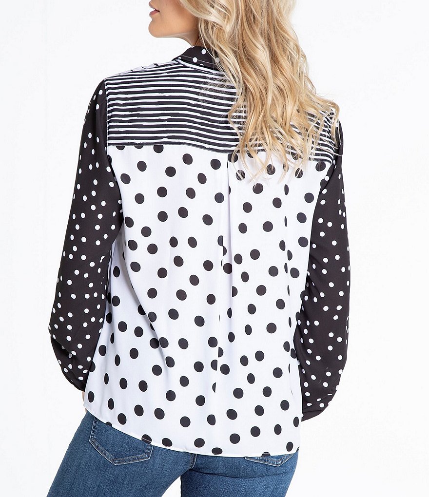 Multiples Petite Size Color Block Multi Dot Stripe Print Georgette Roll-Tab Sleeve Button Down Tie-Front Shirt