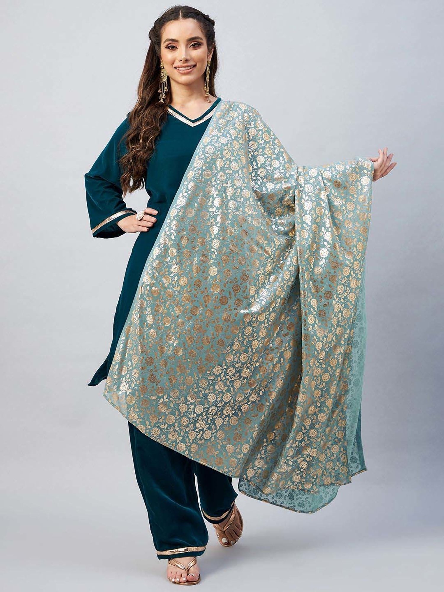 Inweave Blue & Golden Floral Print Dupatta