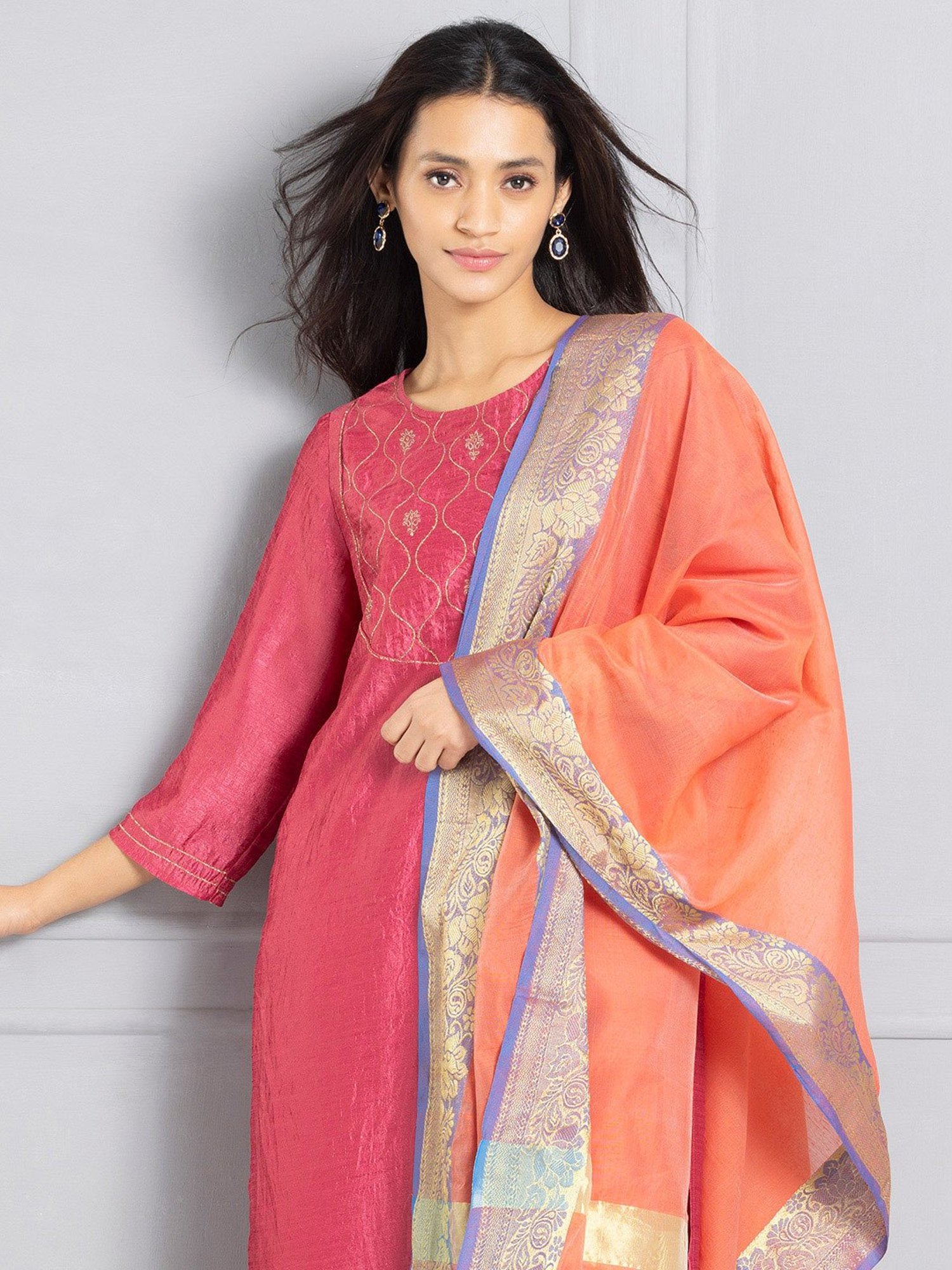 SHAYE Peach Chanderi Printed Dupatta