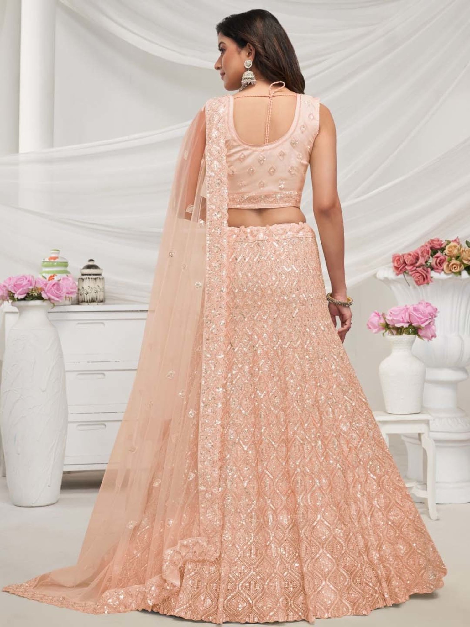 Odette Peach Embroidered Lehenga Choli Set With Dupatta