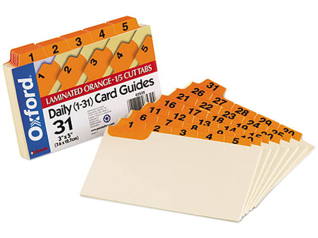 Oxford 03532 Laminated Index Card Guides, Daily, 1/5 Tab, Manila, 3 x 5, 31/Set