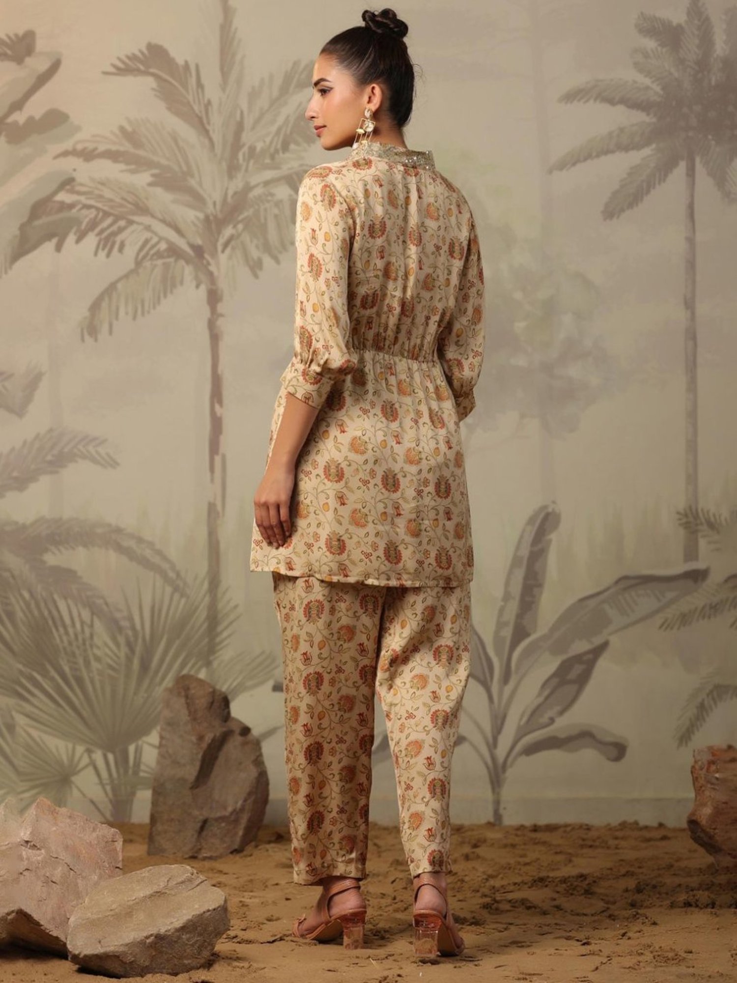 Artagai Beige Co-Ord Set with Notch Collar Kurta and Straight Pants