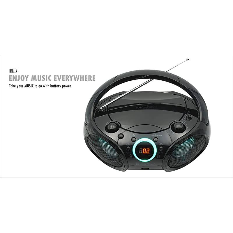 CD Player Boombox CDCDRCDRW Portable wBluetooth USB AMFM Radio Aux LineInput Headset Jack Foldable Carrying Handle and LED Light Phantom Black