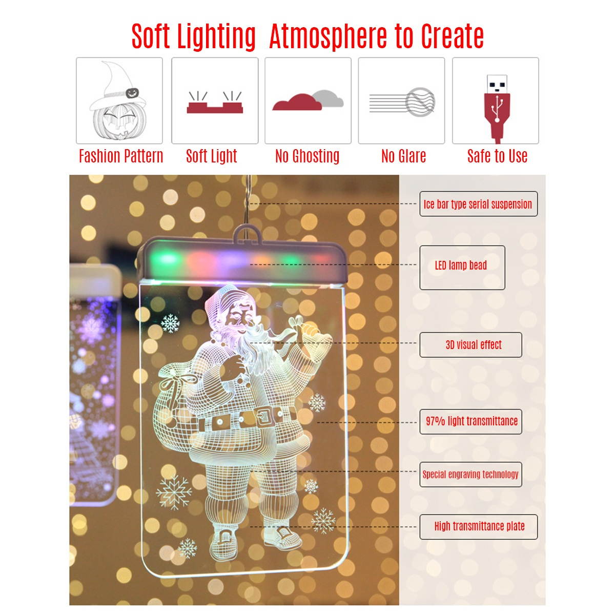 Christmas Party LED Curtain String Lights Decoration 3D Visual Effect USB Powered for Home Room Indoor Bedroom Window Decor, 4.9ft * 2.3ft