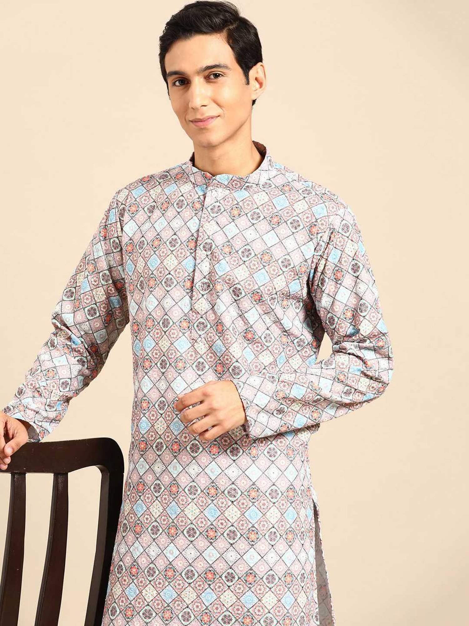 ManQ Multicolored Pure Cotton Regular Fit Embroidered Kurta Bottom Set