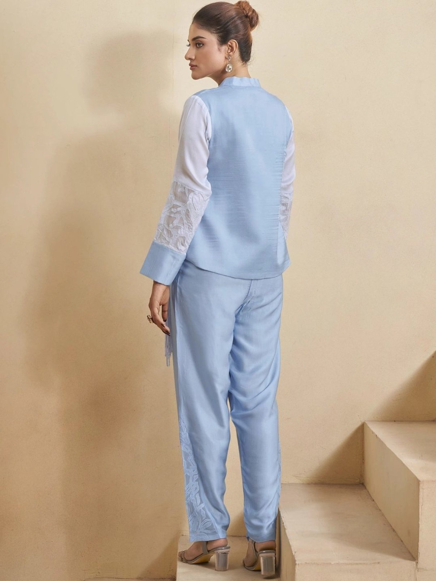Kaftanize Blue Lily Bliss Ensemble Cotton Satin Top with Pant Co-Ord Set