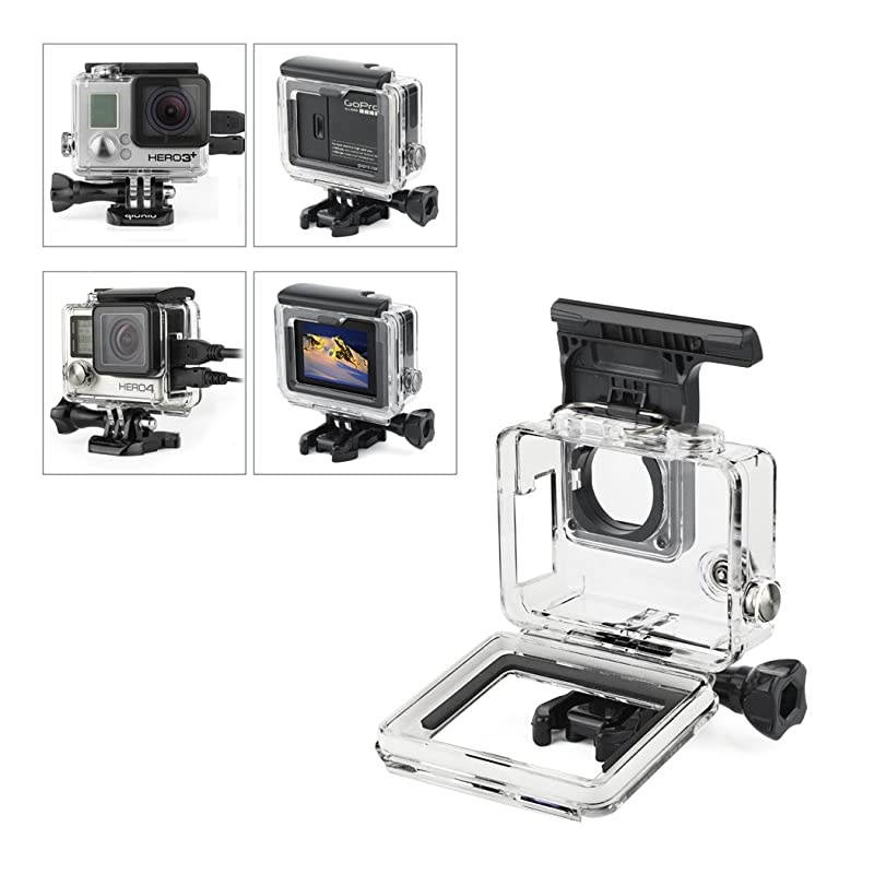 Open Protective Skeleton Housing Case with LCD Touch Backdoor and BacPac Backdoor for Extended LCD Screen or Expansion Battery - Compatible with GoPro Hero 4, 3, and 3+ - Transparent Clear