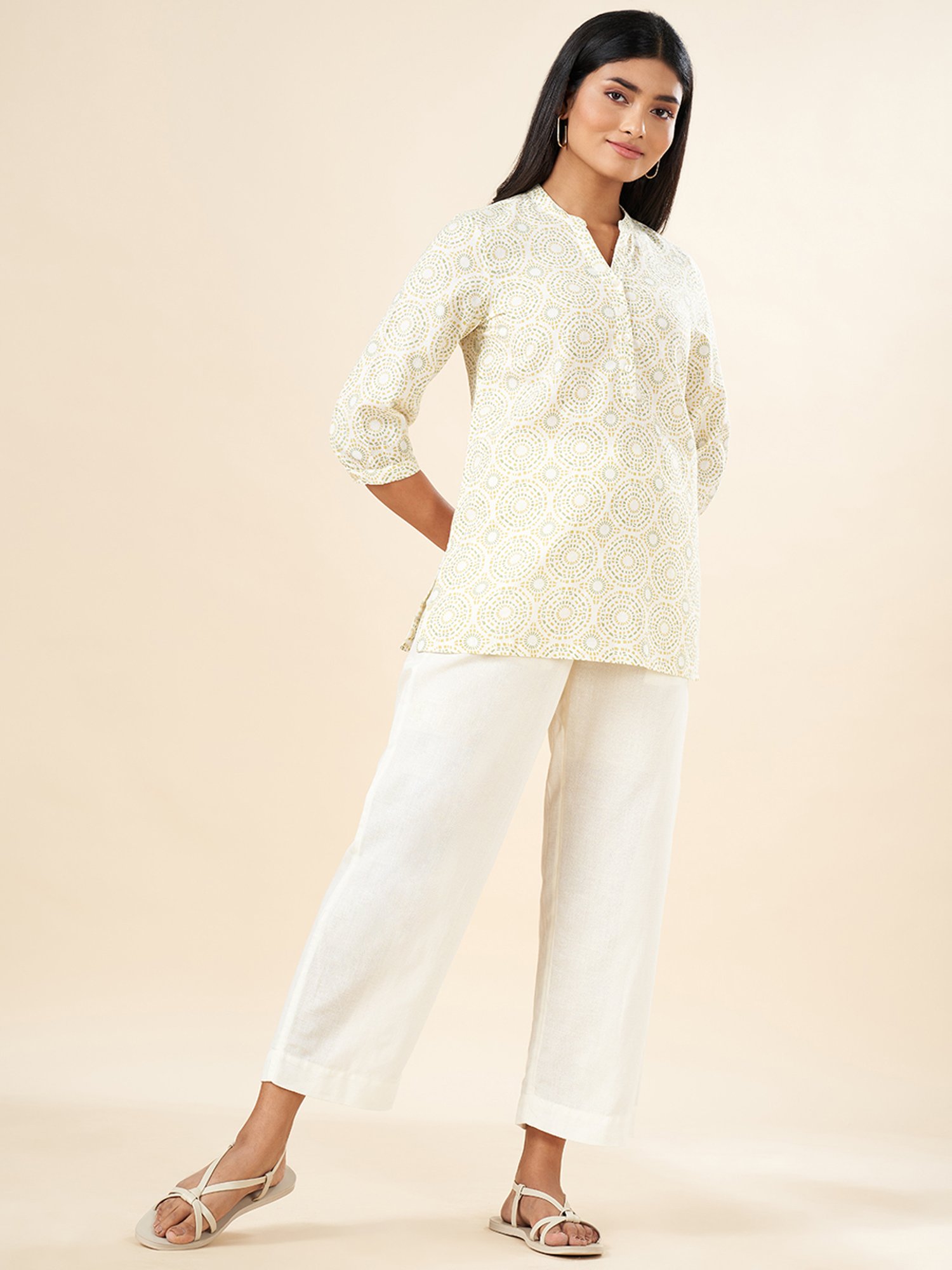 Akkriti by Pantaloons Beige Cotton Printed Tunic